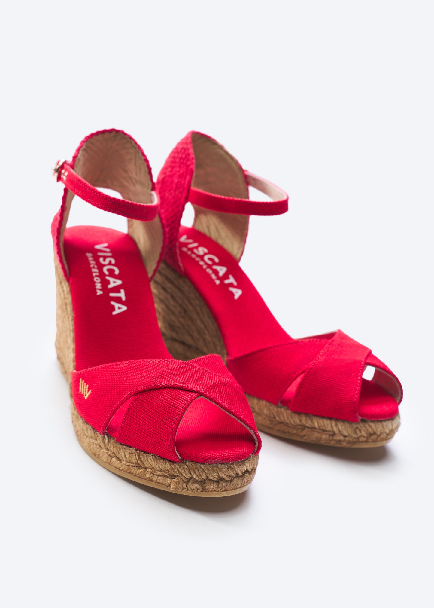 Aiguablava Limited Edition Red Canvas Ankle Strap Woman Open Toe Espadrille High Wedges