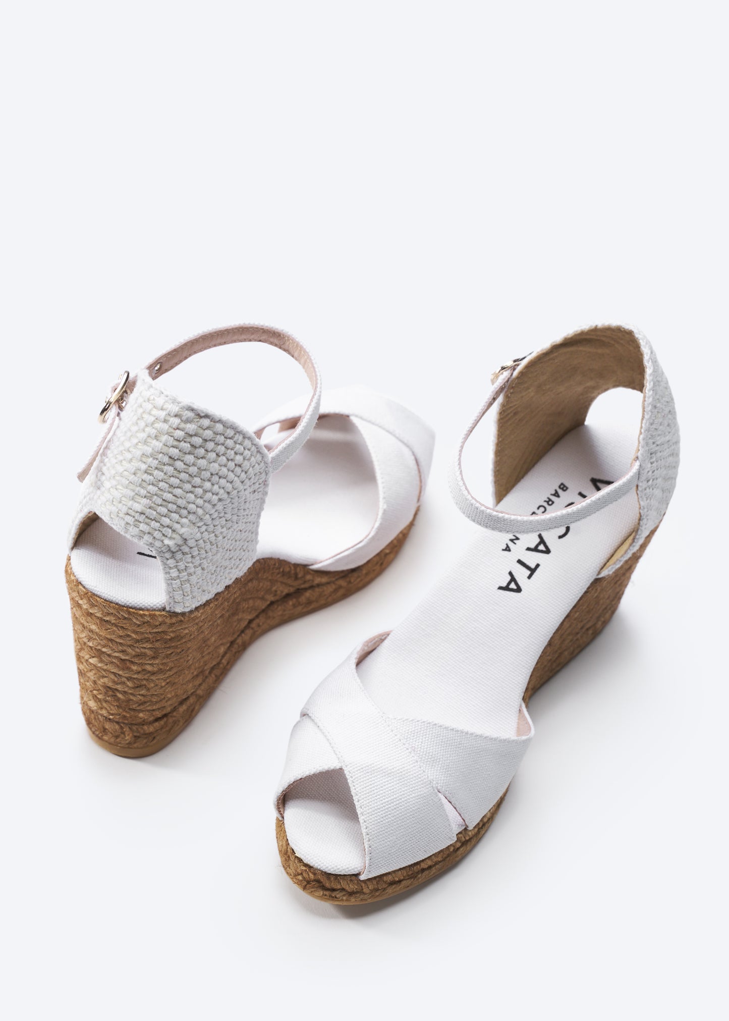 Aiguablava Limited Edition White Canvas Ankle Strap Woman Espadrille Wedges Open Toe and Back Detail