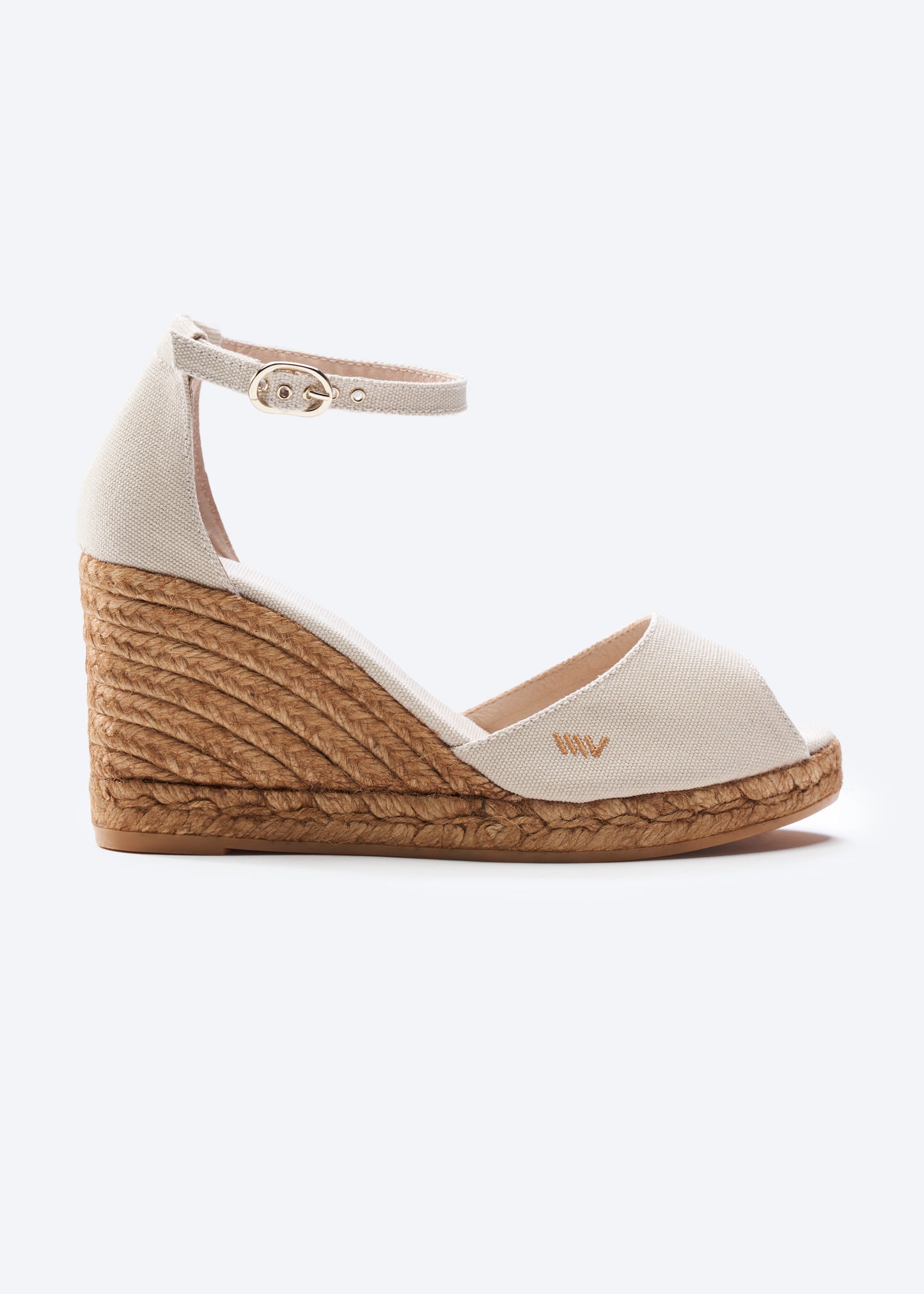 Aiguafreda Beige Canvas Ankle Strap Woman Open Toe Espadrille Wedge