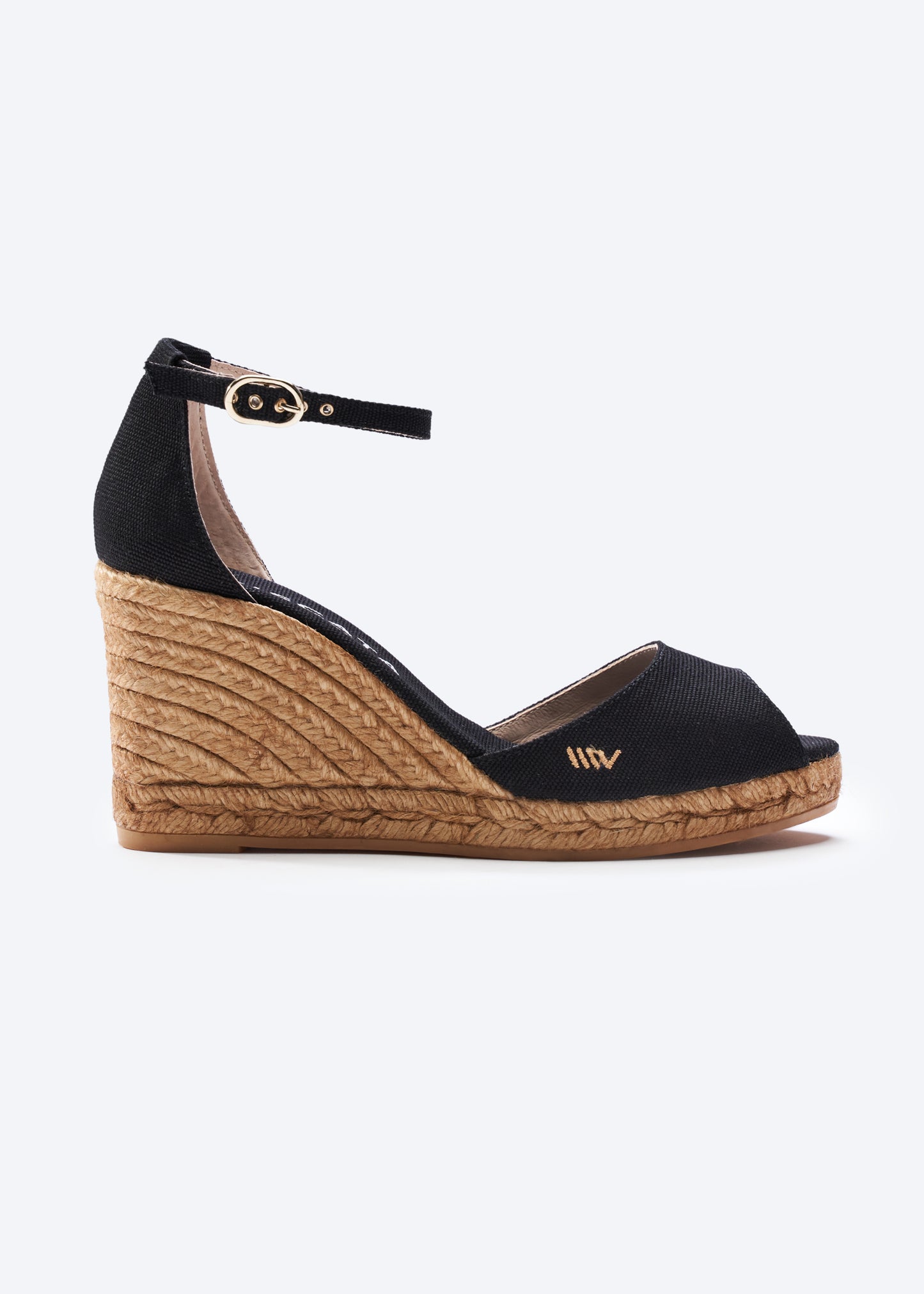 Aiguafreda Black Canvas Ankle Strap Woman Open Toe Espadrille Wedge