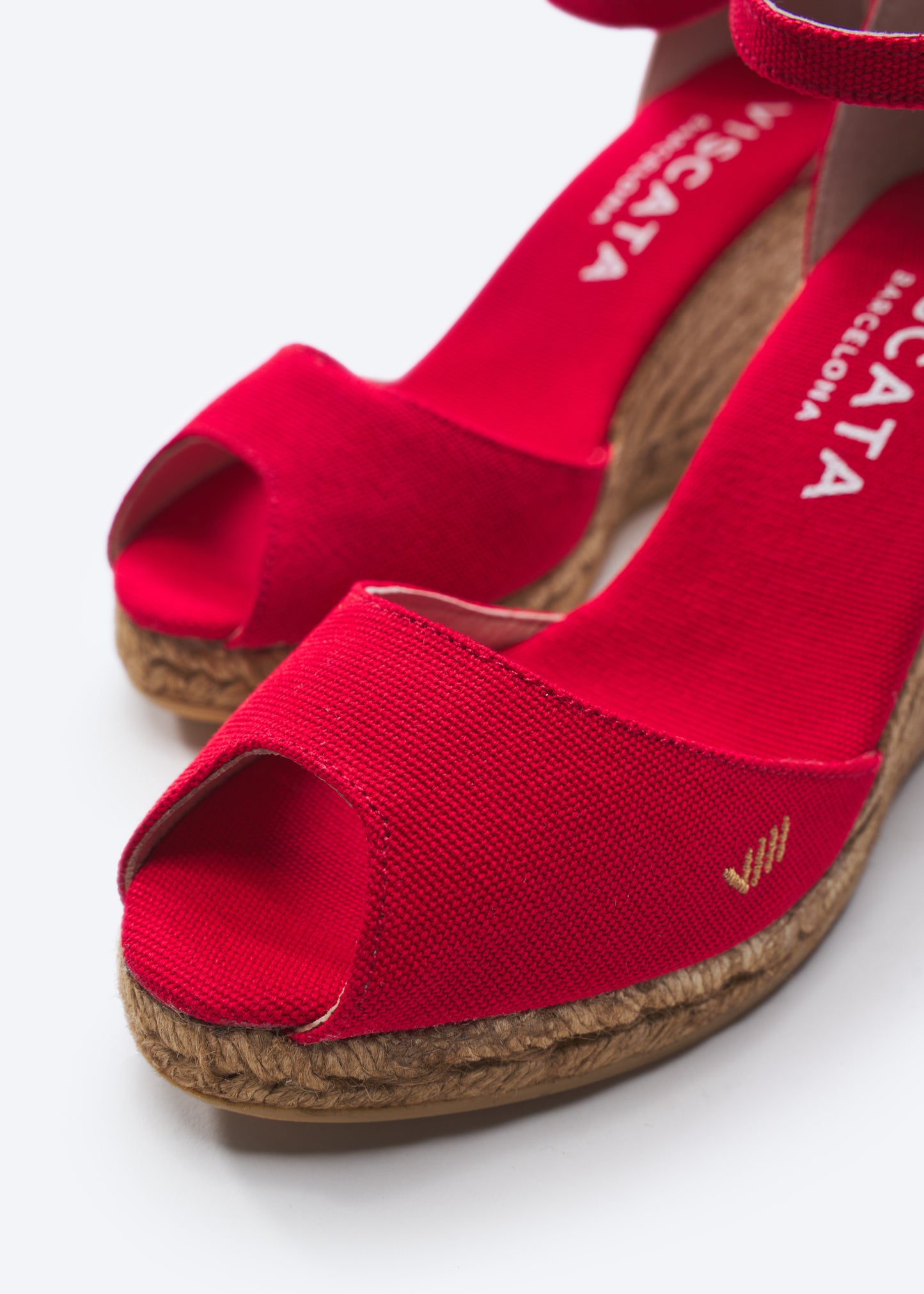 Aiguafreda Limited Edition Red Canvas Ankle Strap Woman Espadrille Wedges Open Toe Detail