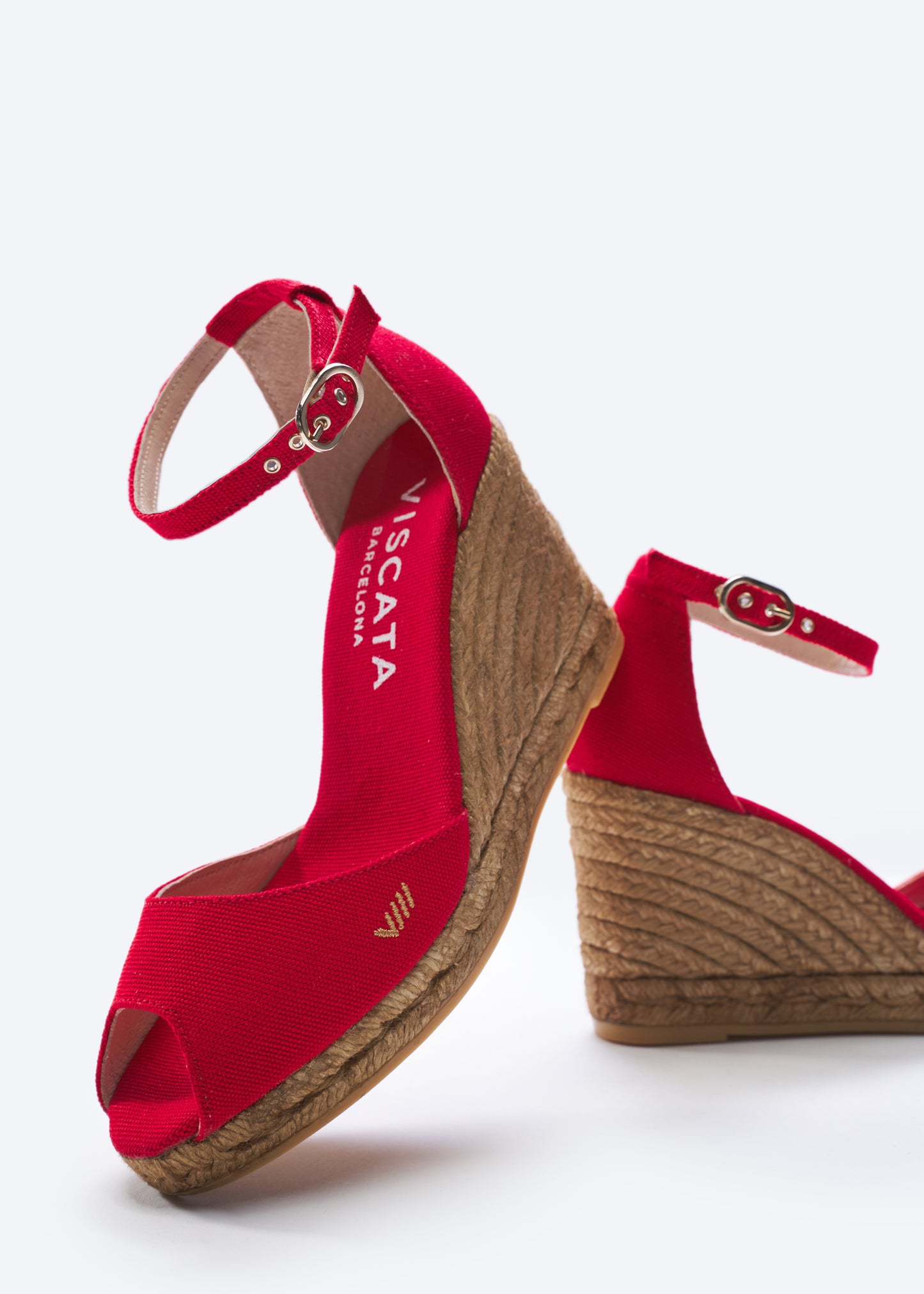 Aiguafreda Limited Edition Red Canvas Ankle Strap Woman Open Toe Espadrille High Wedges