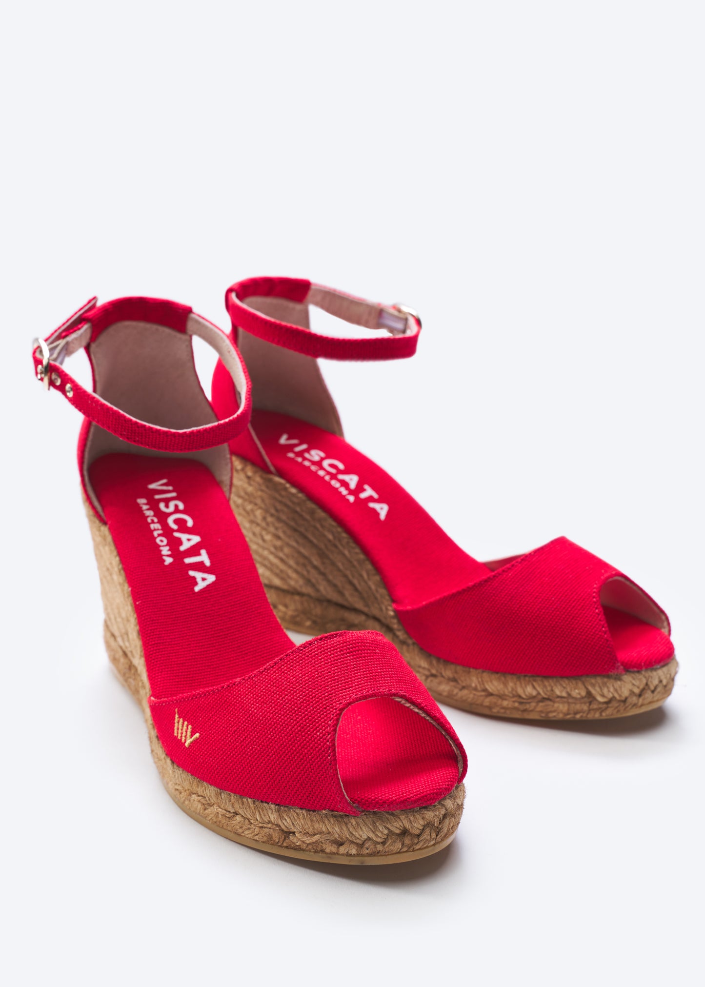 Aiguafreda Limited Edition Red Canvas Ankle Strap Woman Open Toe Espadrille High Heel Wedges