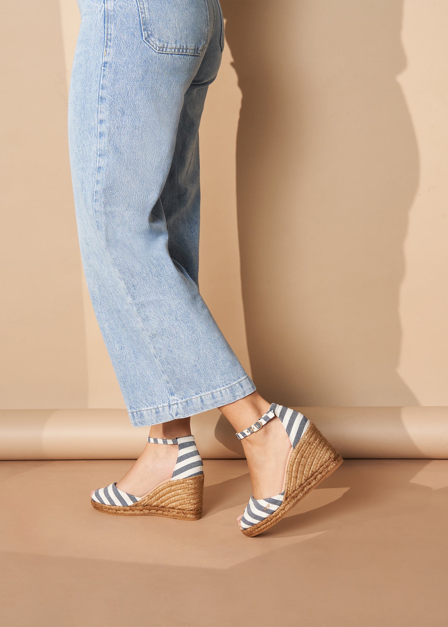Aiguafreda Limited Edition Sailor Stripes Canvas Ankle Strap Woman Open Toe Espadrille Wedges Legs