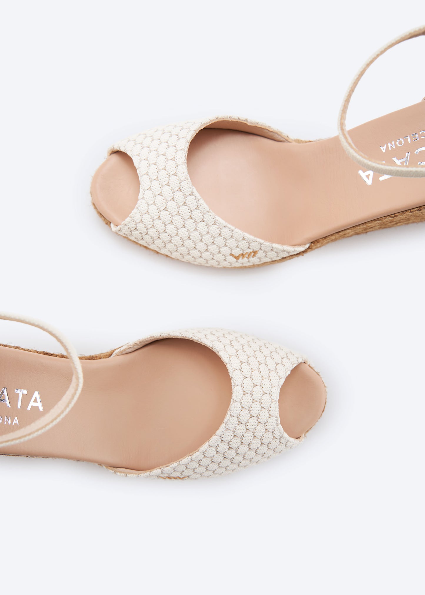 Aiguafreda Limited Edition White Mesh Canvas Ankle Strap Woman Espadrille Wedges Open Peep Toe Details