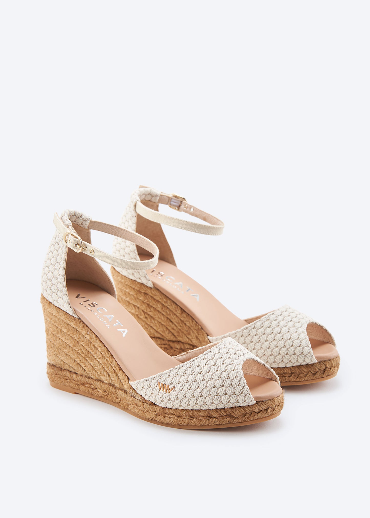 Aiguafreda Limited Edition White Mesh Canvas Ankle Strap Woman Peep Toe Espadrille High Heel Wedges