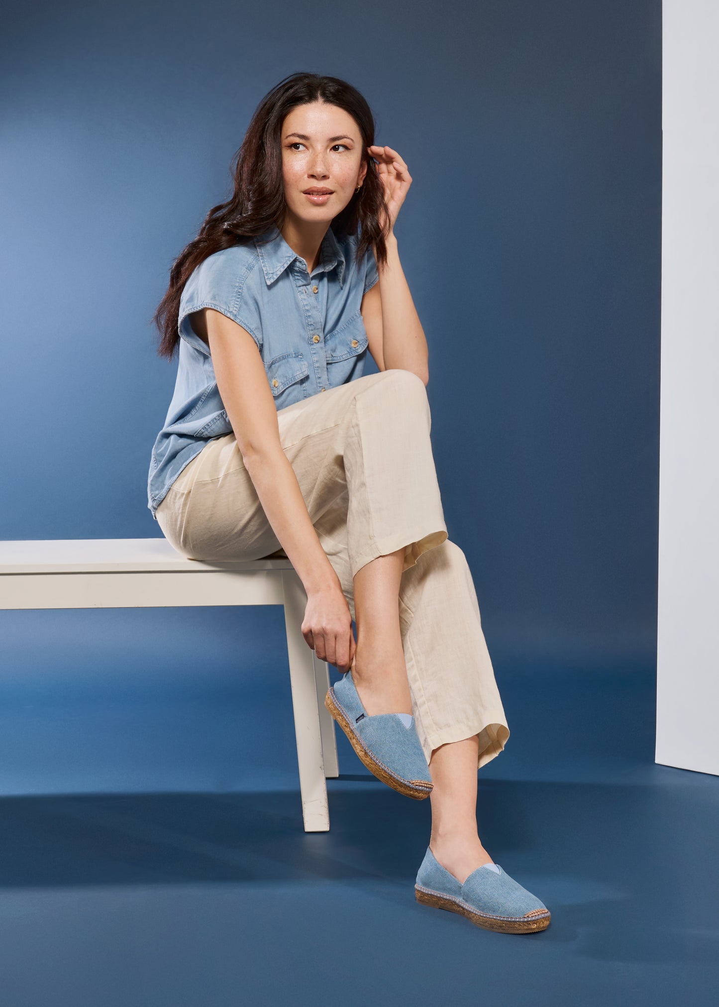 Barceloneta Limited Edition Light Denim Slip On Women Closed Toe Espadrille Flats Outfit