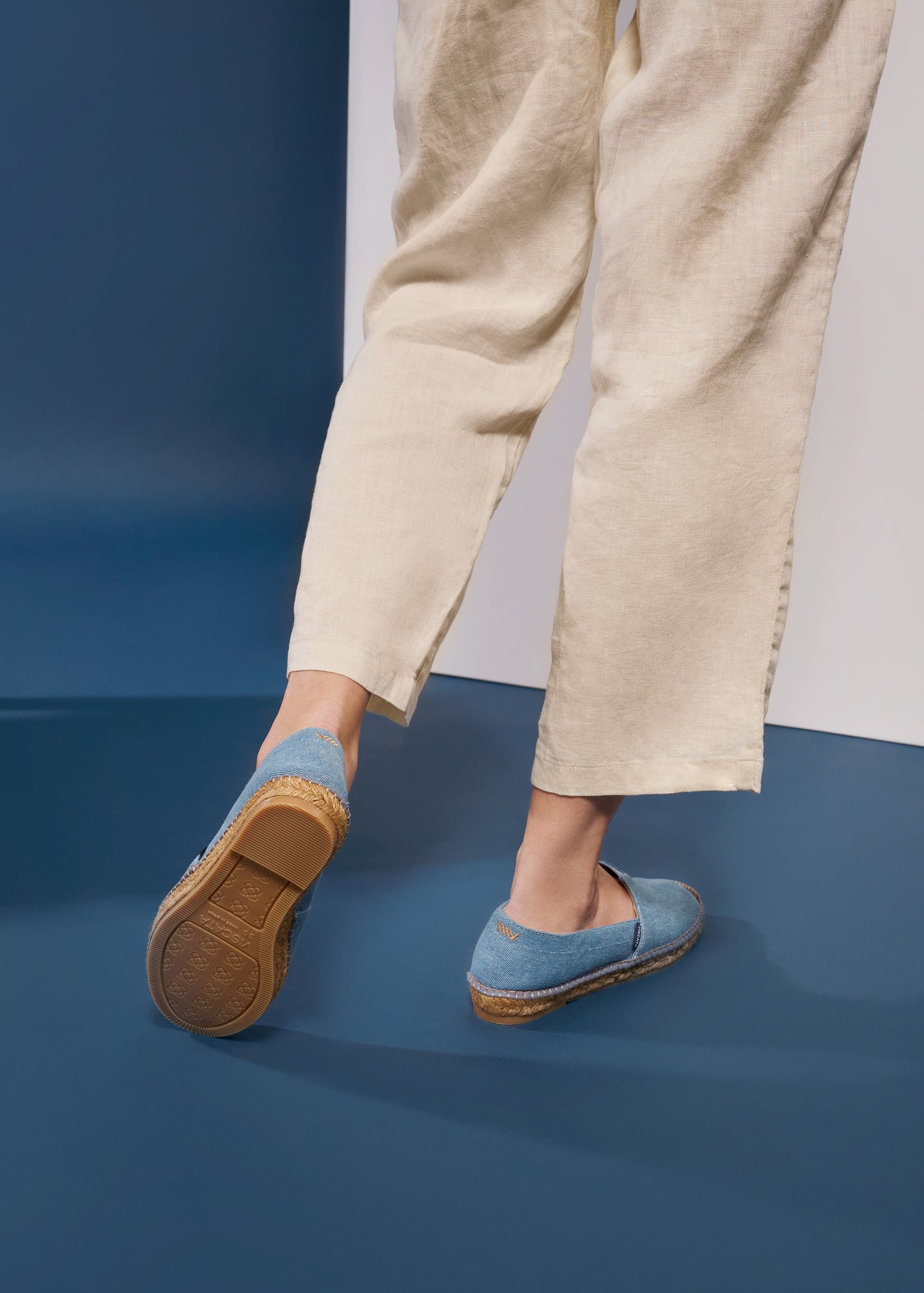 Barceloneta Limited Edition Light Denim Slip On Women Closed Toe Espadrille Flats Back Legs