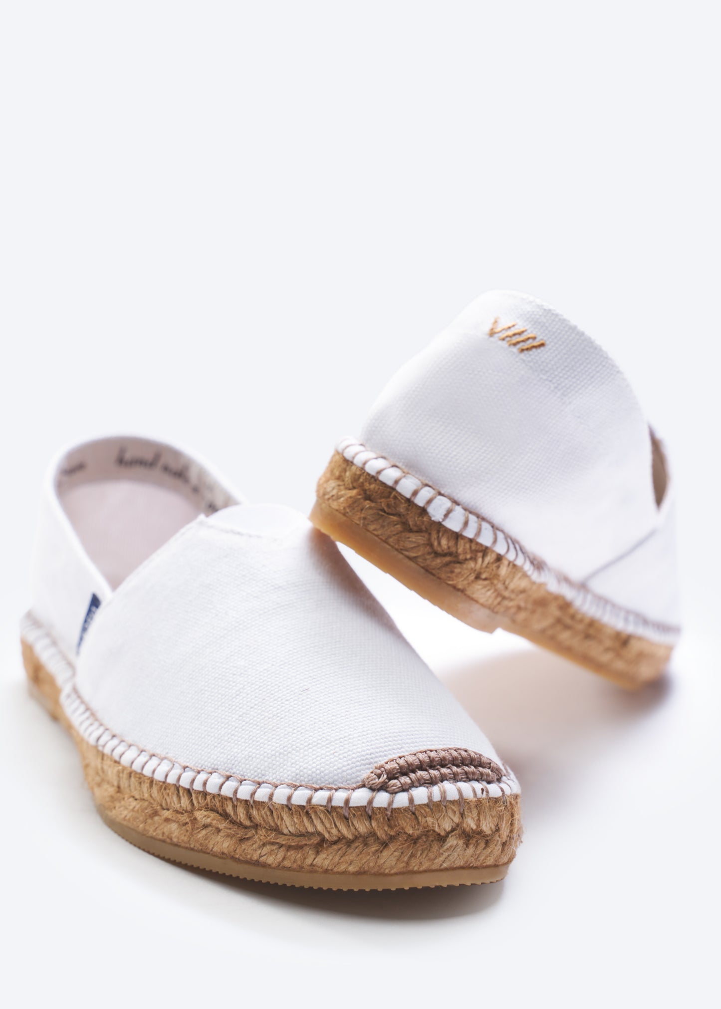 Barceloneta Limited Edition White Canvas Slip On Women Espadrille Flats Closed Toe and Back Detail