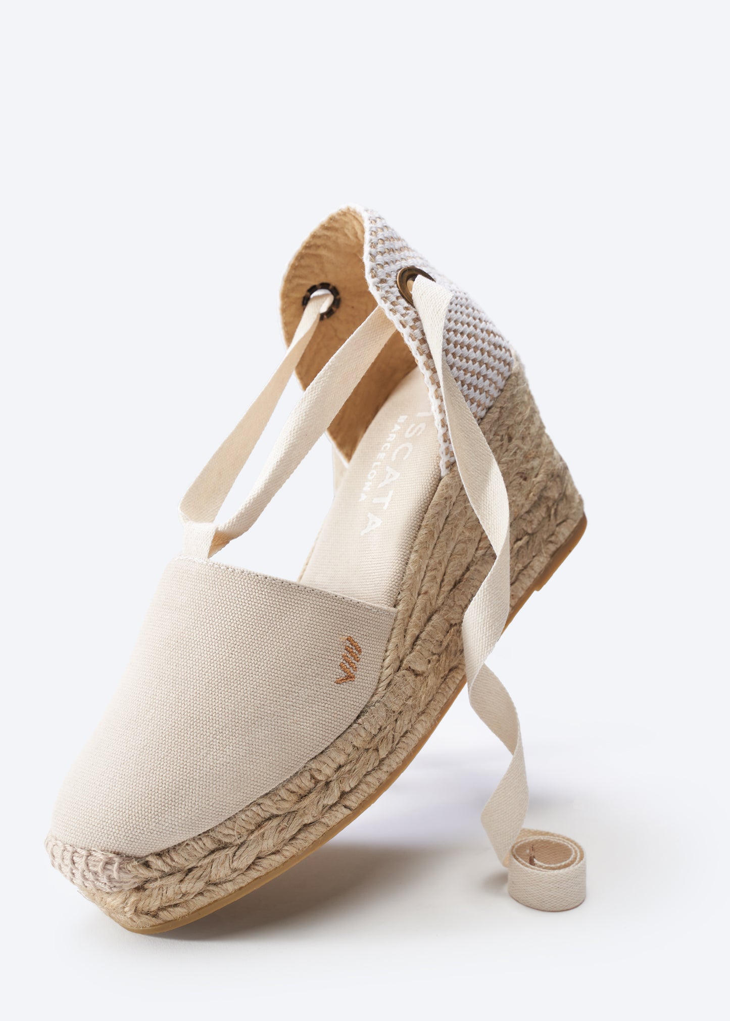 Bisbe Beige Canvas Lace Up Women Closed Toe Espadrille Wedge