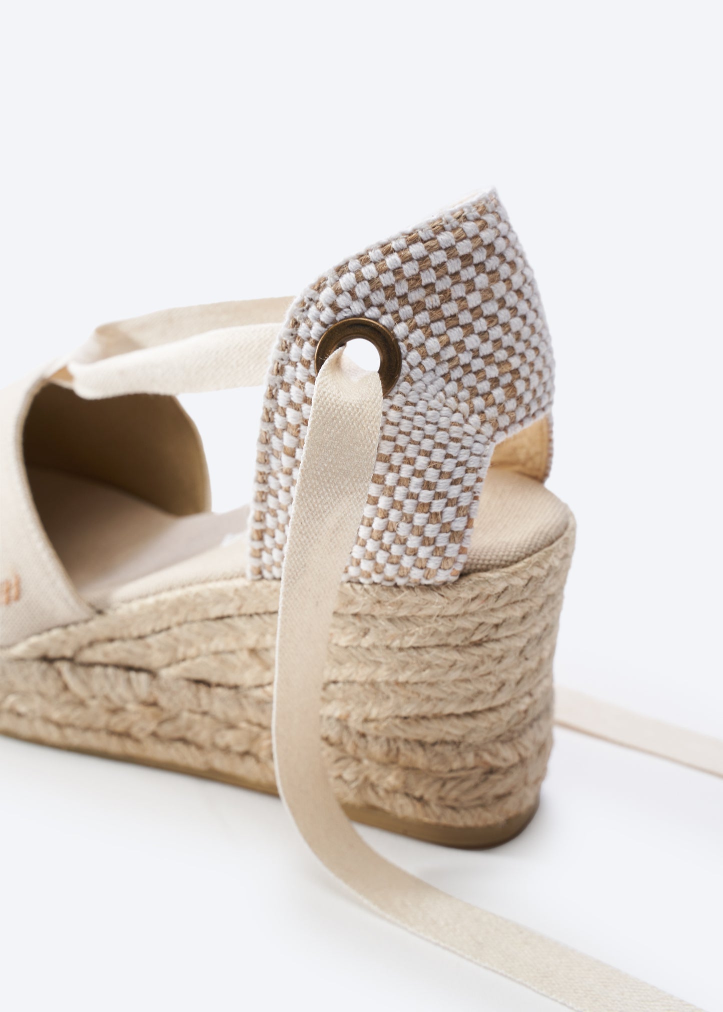 Bisbe Beige Canvas Lace Up Women Espadrille Wedge Flexible Back Detail