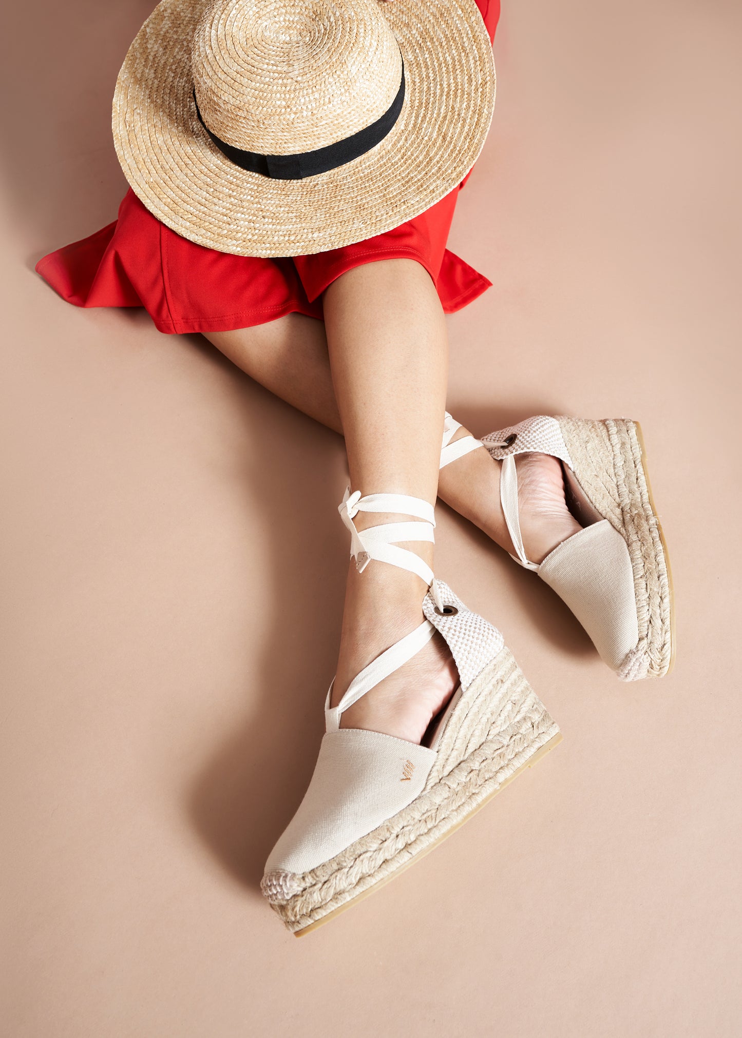 Bisbe Beige Canvas Lace Up Women Espadrille Wedges Legs