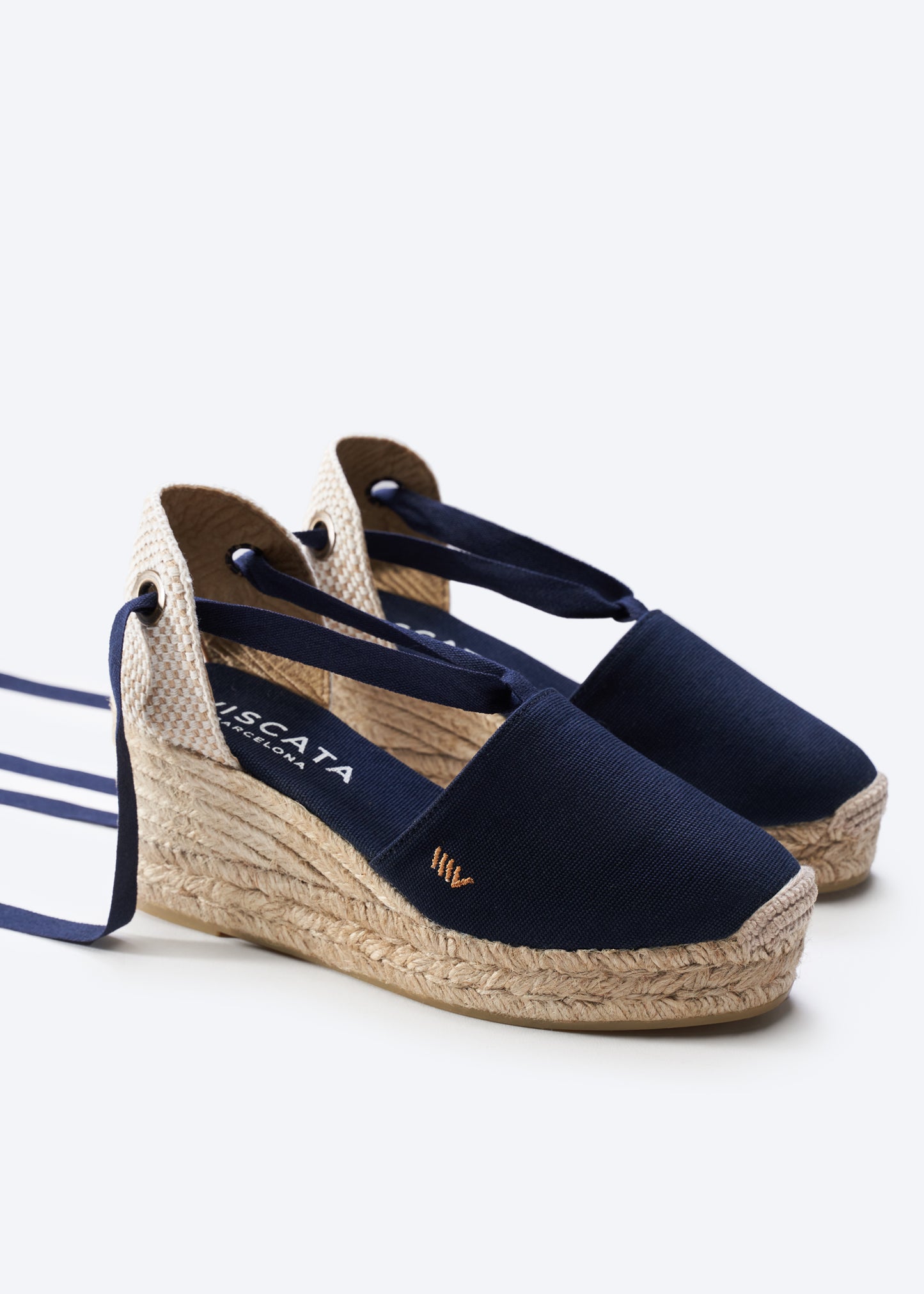 Bisbe Navy Blue Canvas Lace Up Women Espadrille Platform Wedges