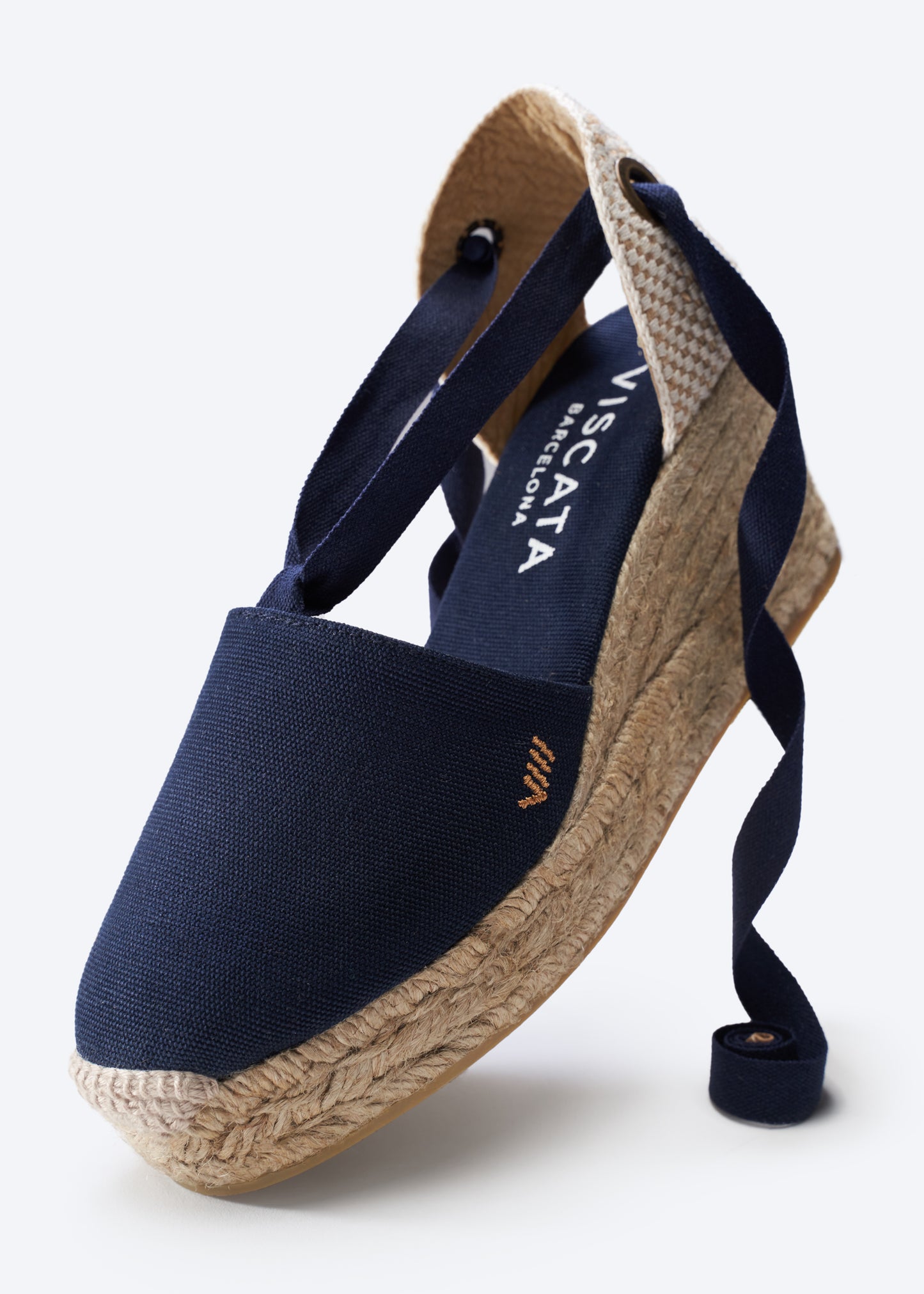 Bisbe Navy Blue Canvas Lace Up Women Closed Toe Espadrille Wedge