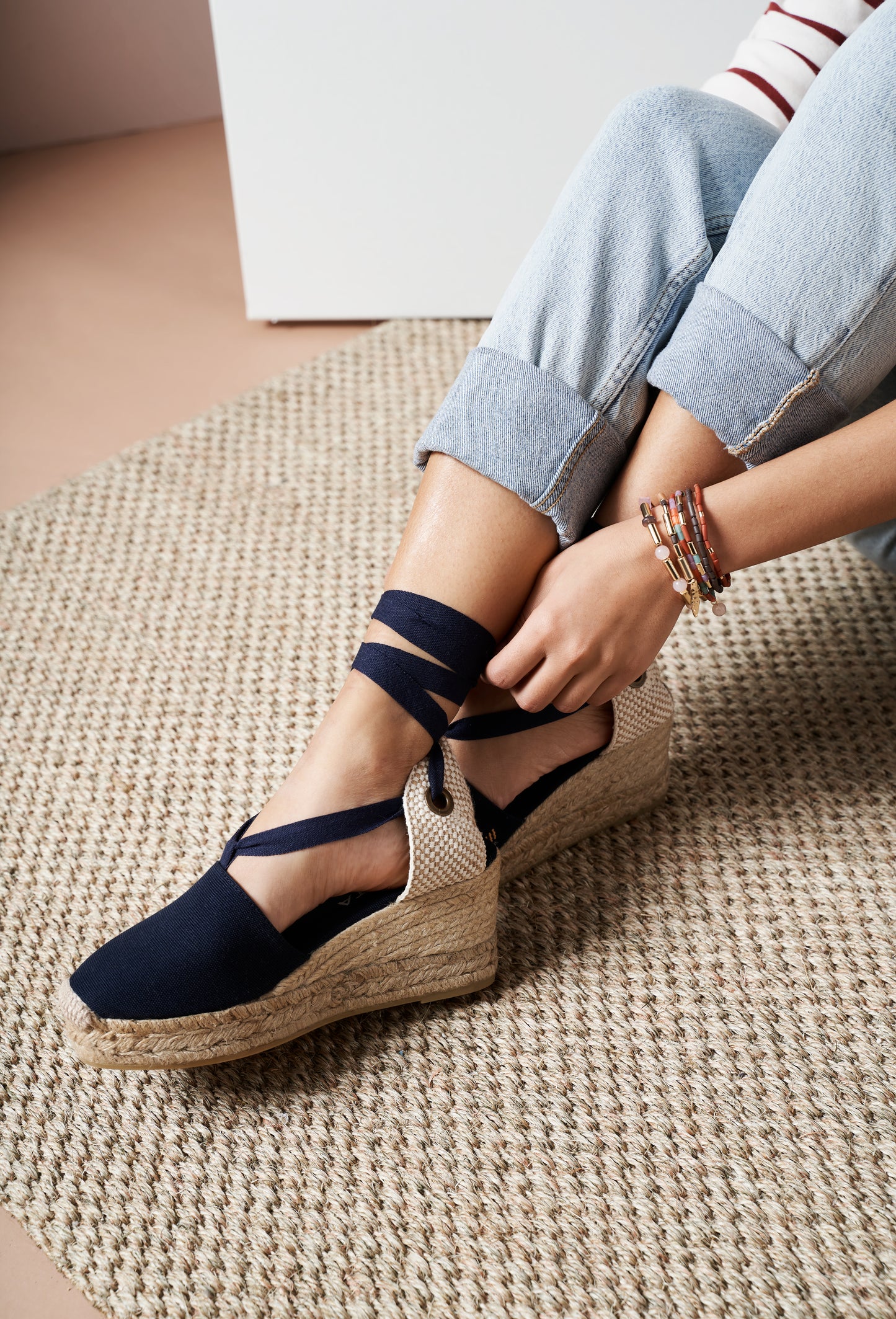 Bisbe Navy Blue Canvas Lace Up Women Espadrille Wedges Legs