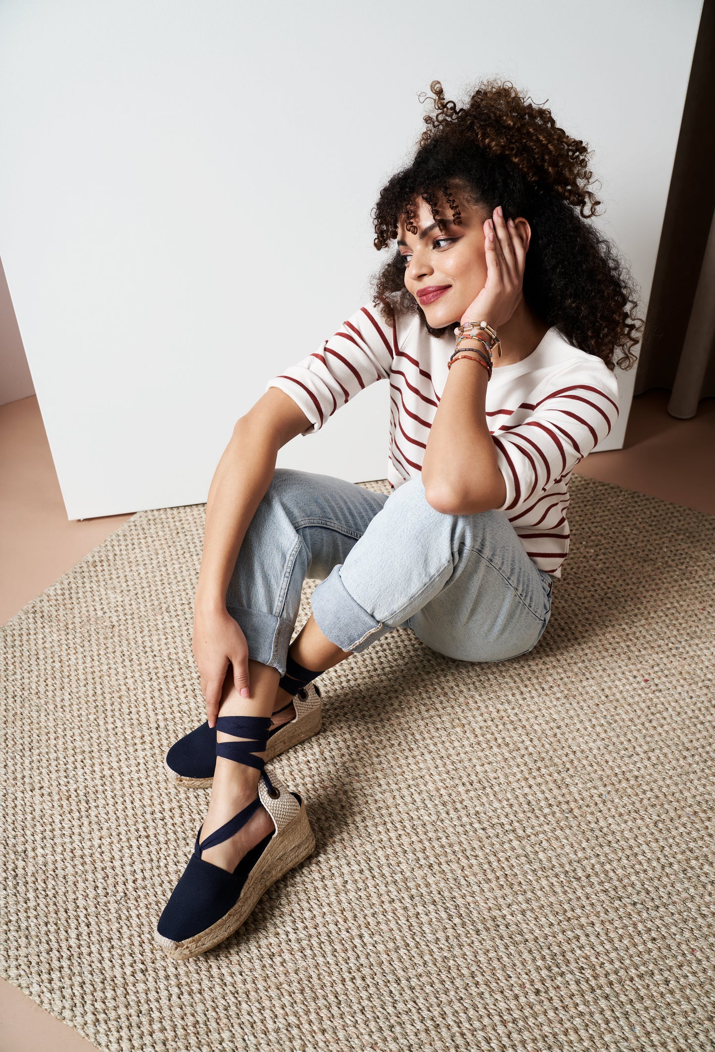 Bisbe Navy Blue Canvas Lace Up Women Espadrille Wedges Outfit