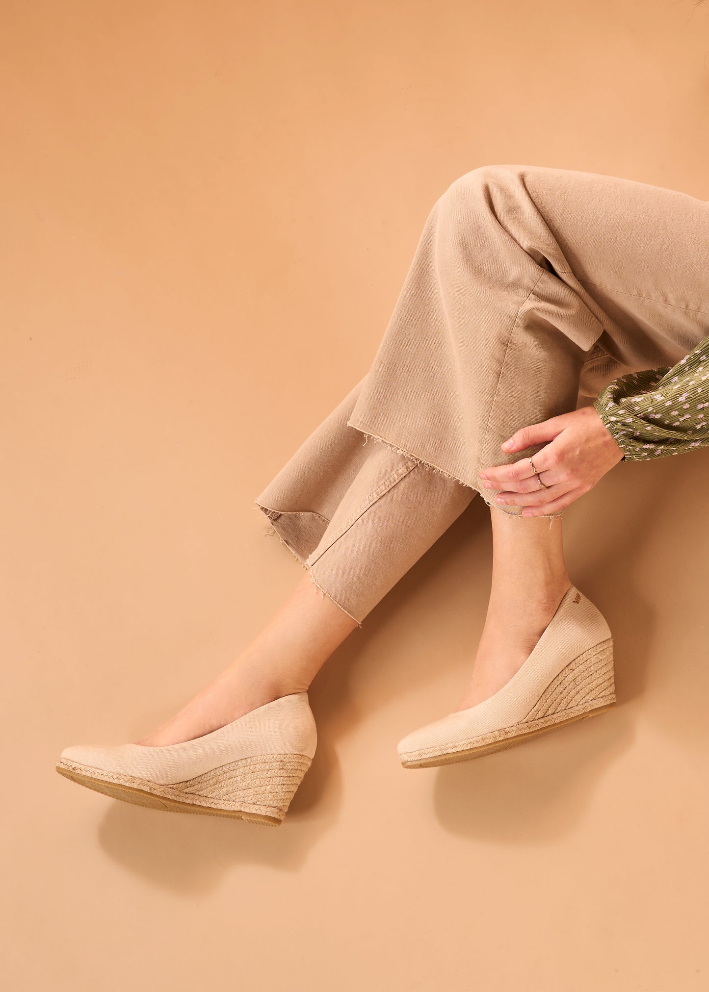 Roses U Cut Beige Canvas Slip On Women Espadrille Medium Wedges Legs