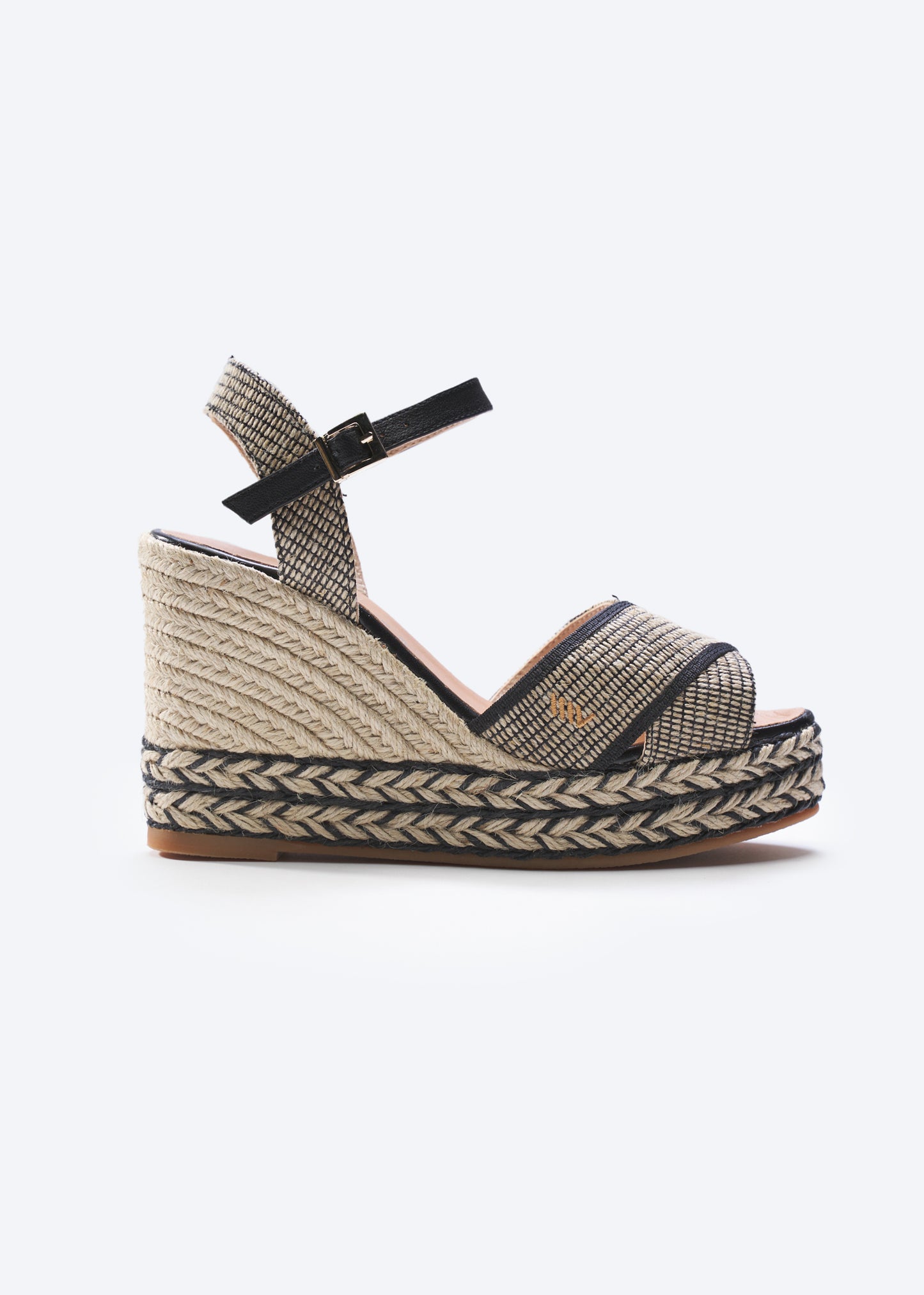Empuria Black Canvas Ankle Strap Woman Espadrille Platform Sandal Wedge