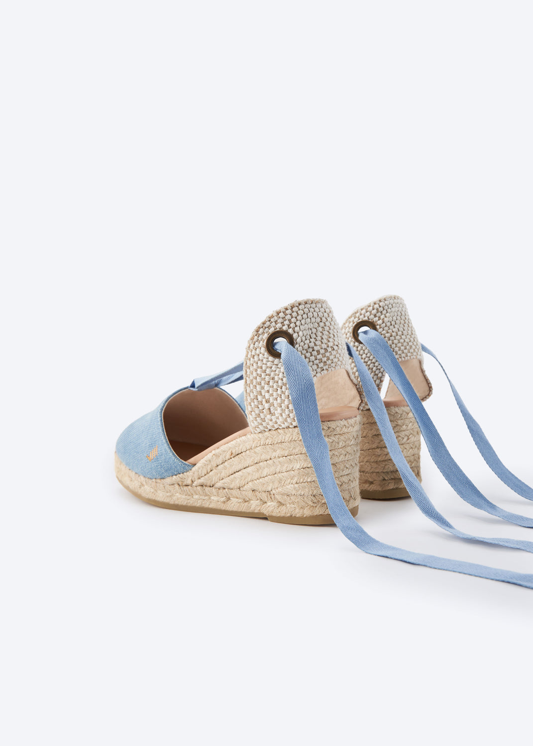 Escala Limited Edition Light Denim Canvas Lace Up Women Espadrille Wedges Flexible Back Detail