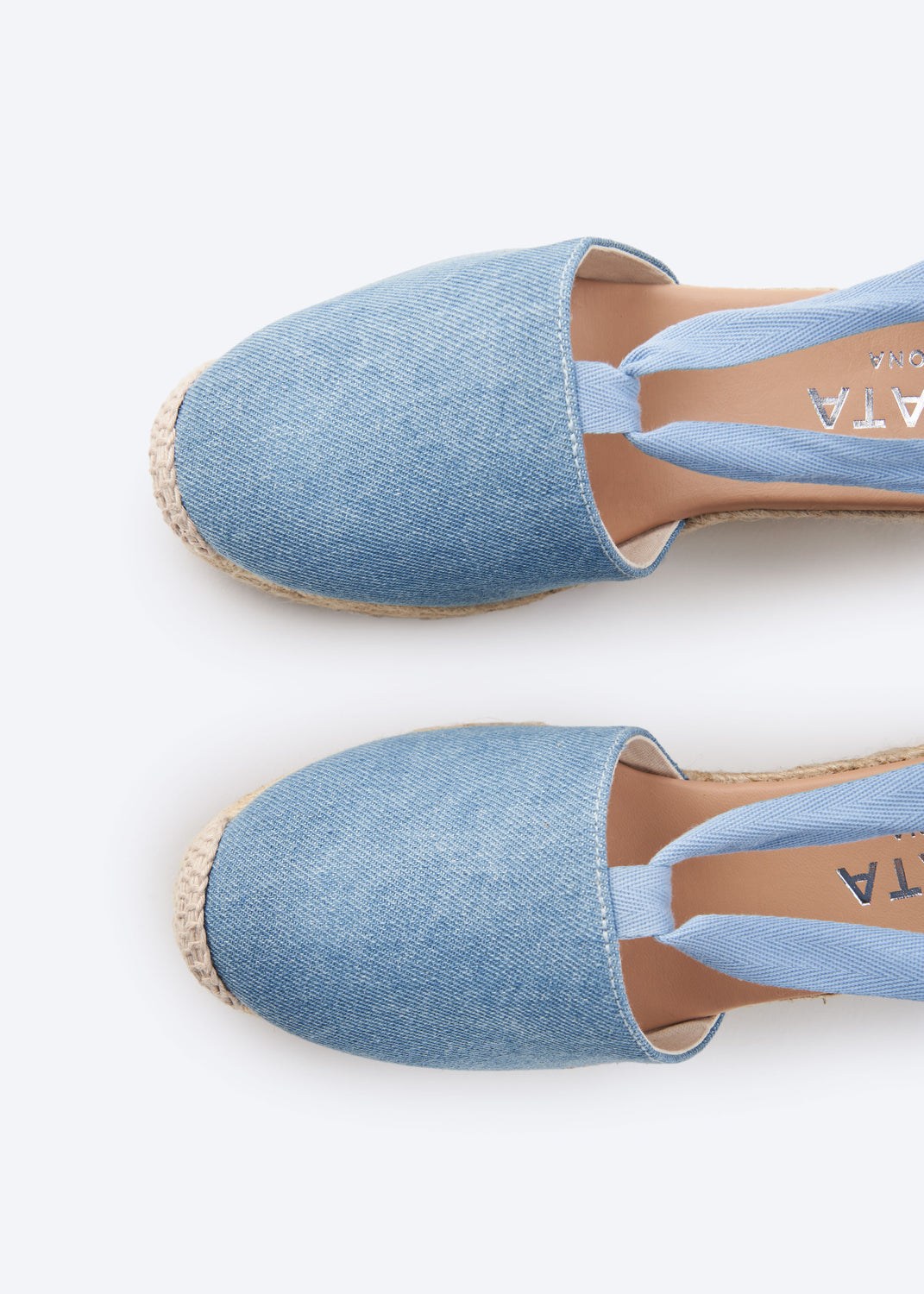 Escala Limited Edition Light Denim Canvas Lace Up Women Espadrille Wedges Rounded Closed Toe Detail