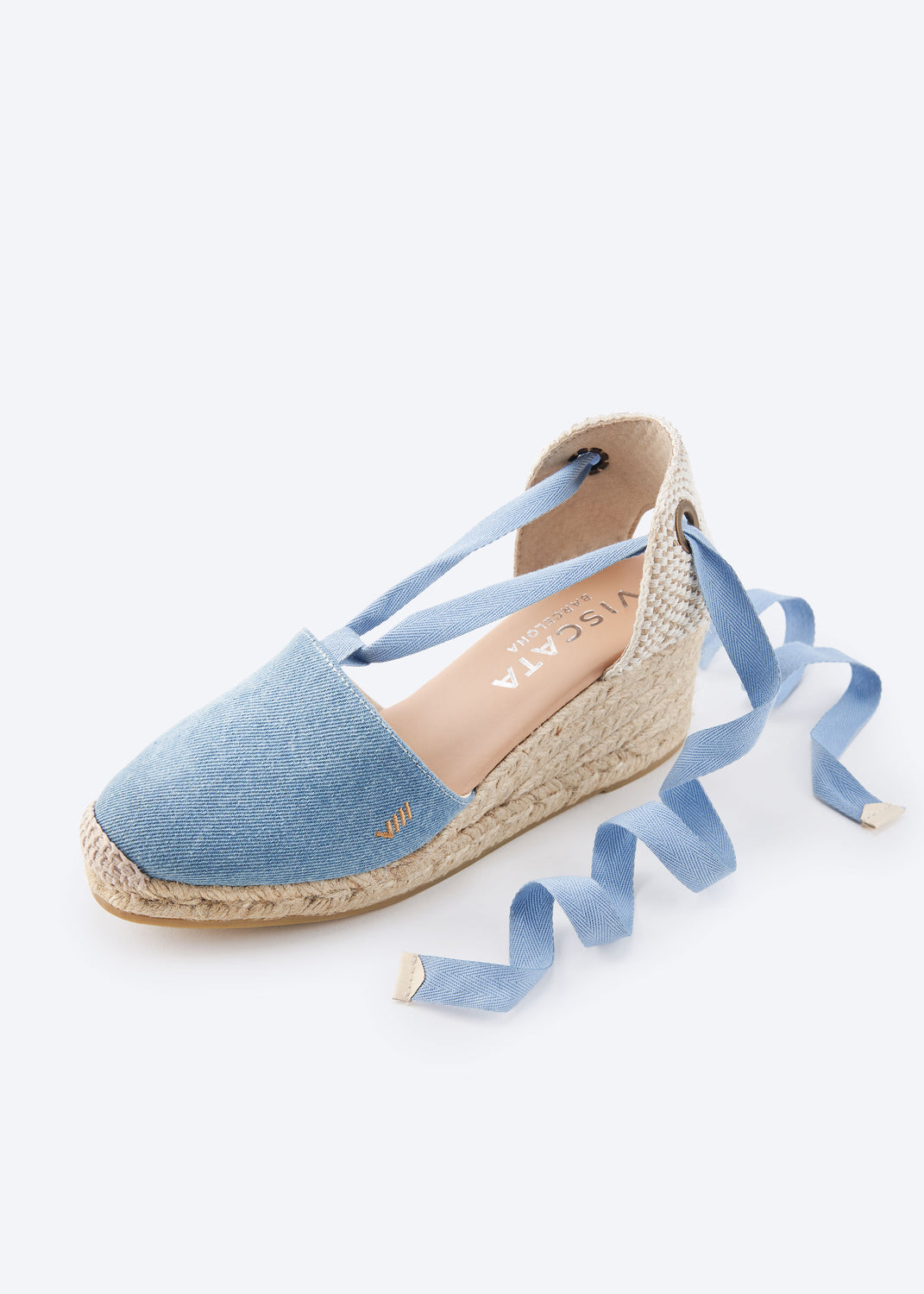 Escala Limited Edition Light Denim Canvas Lace Up Closed Toe Women Espadrille Wedge