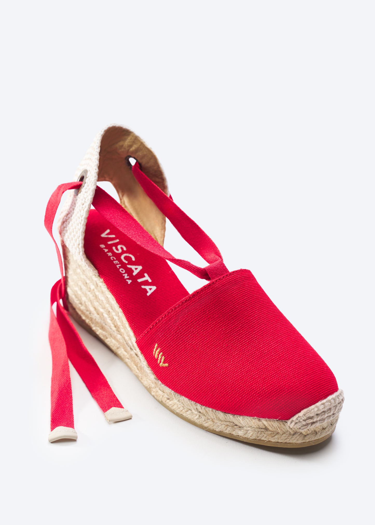 Escala Limited Edition Red Canvas Lace Up Women Espadrille Rounded Toe Wedge