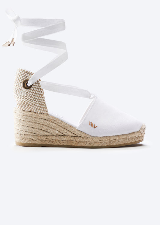 Escala Limited Edition White Canvas Lace Up Women Espadrille Wedge