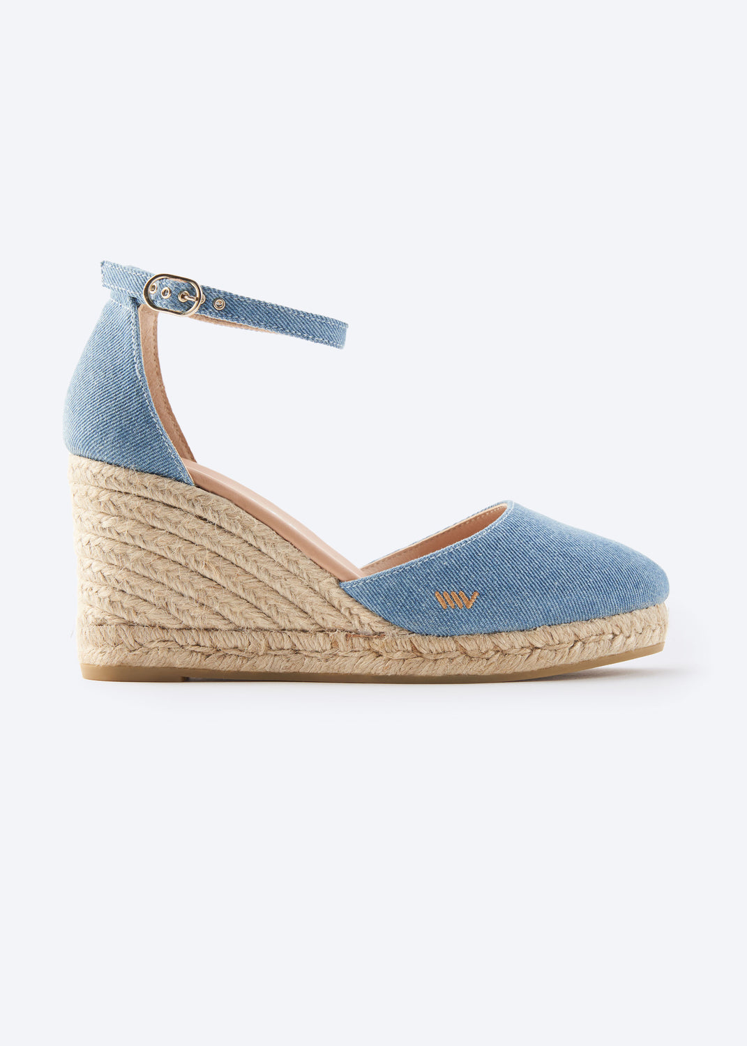 Estartit Limited Edition Light Denim Canvas Ankle Strap Women High Heel Espadrille Wedge