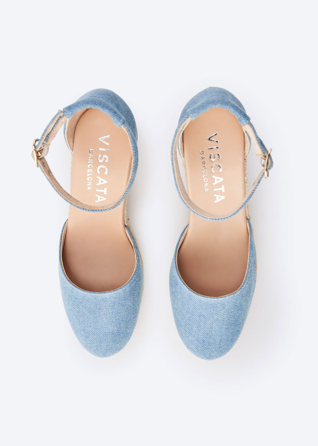 Estartit Limited Edition Light Denim Canvas Ankle Strap Closed Toe Women High Heel Espadrille Wedges