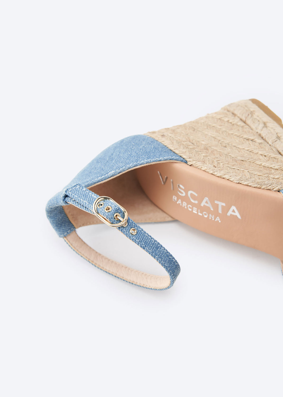 Estartit Limited Edition Light Denim Canvas Women High Heel Espadrille Wedge Buckle Ankle Strap Detail