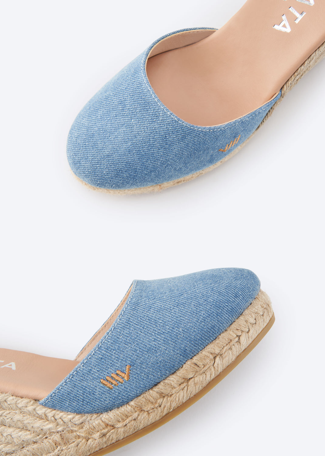 Estartit Limited Edition Light Denim Canvas Ankle Strap Women High Heel Espadrille Wedges Rounded Closed Toe Detail