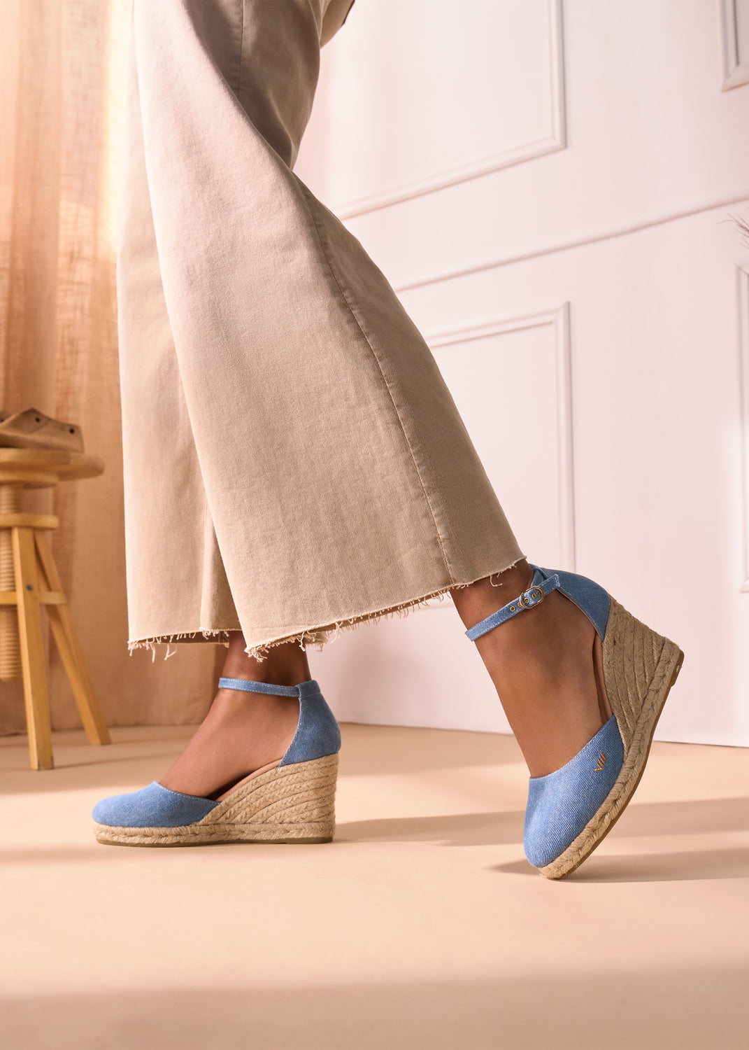 Estartit Limited Edition Light Denim Canvas Ankle Strap Women High Heel Espadrille Wedges Legs