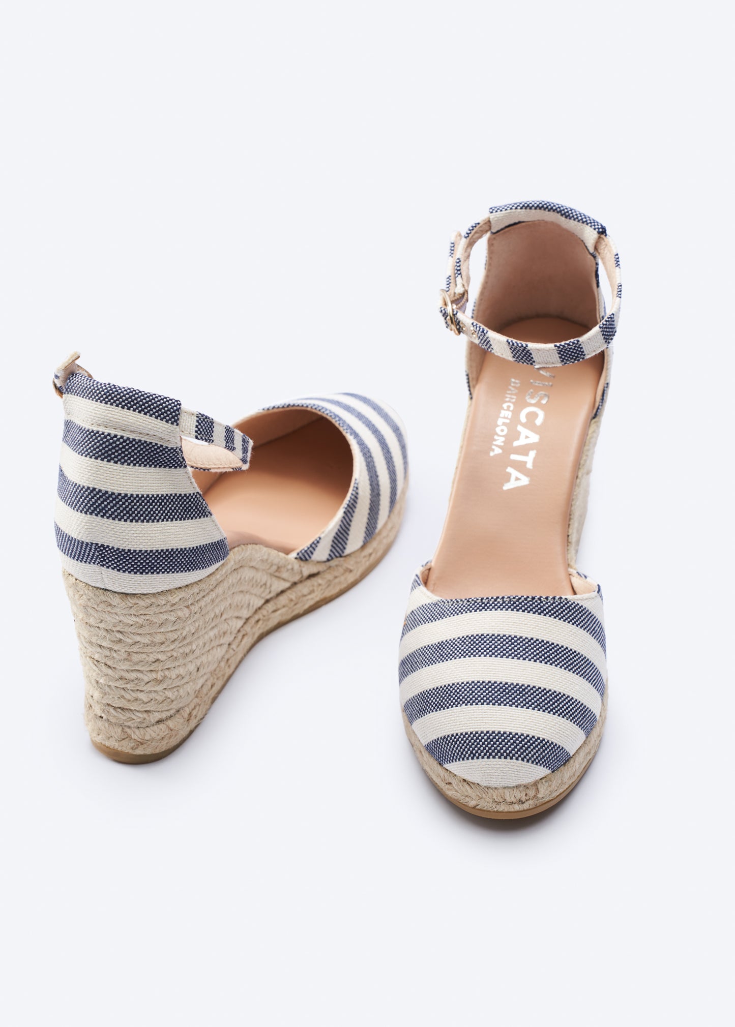Estartit Limited Edition Sailor Stripes Pattern Canvas Ankle Strap Women High Heel Espadrille Wedges Toe and Back Detail