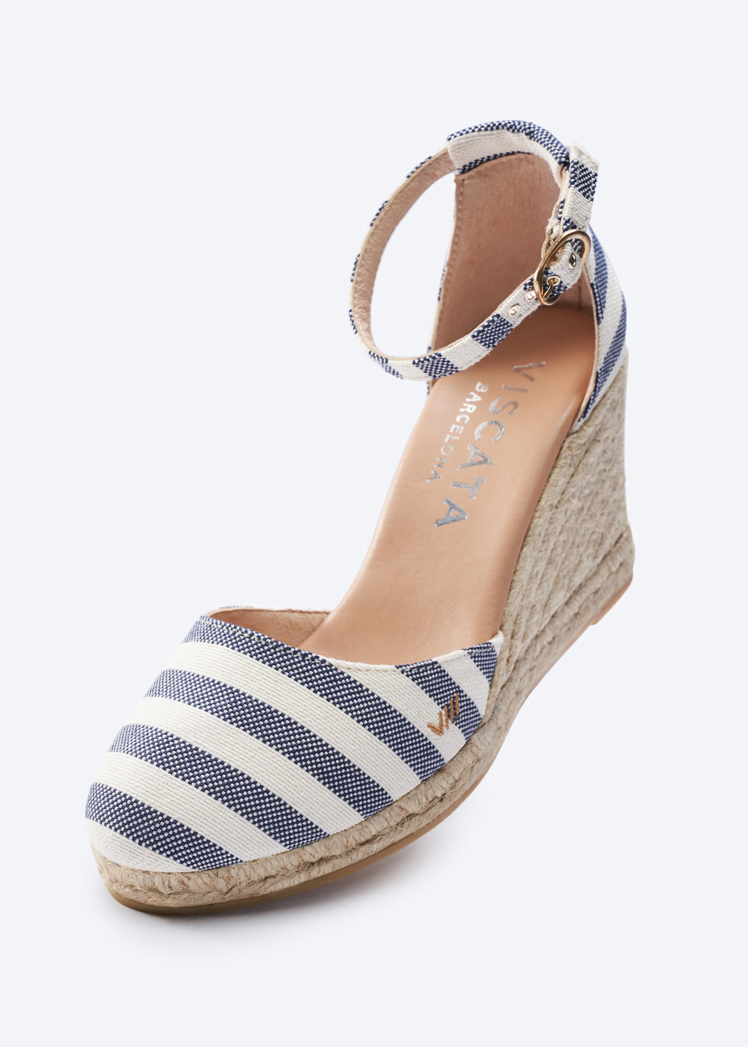 Estartit Limited Edition Sailor Stripes Pattern Canvas Ankle Strap Women High Heel Espadrille Closed Toe Wedge