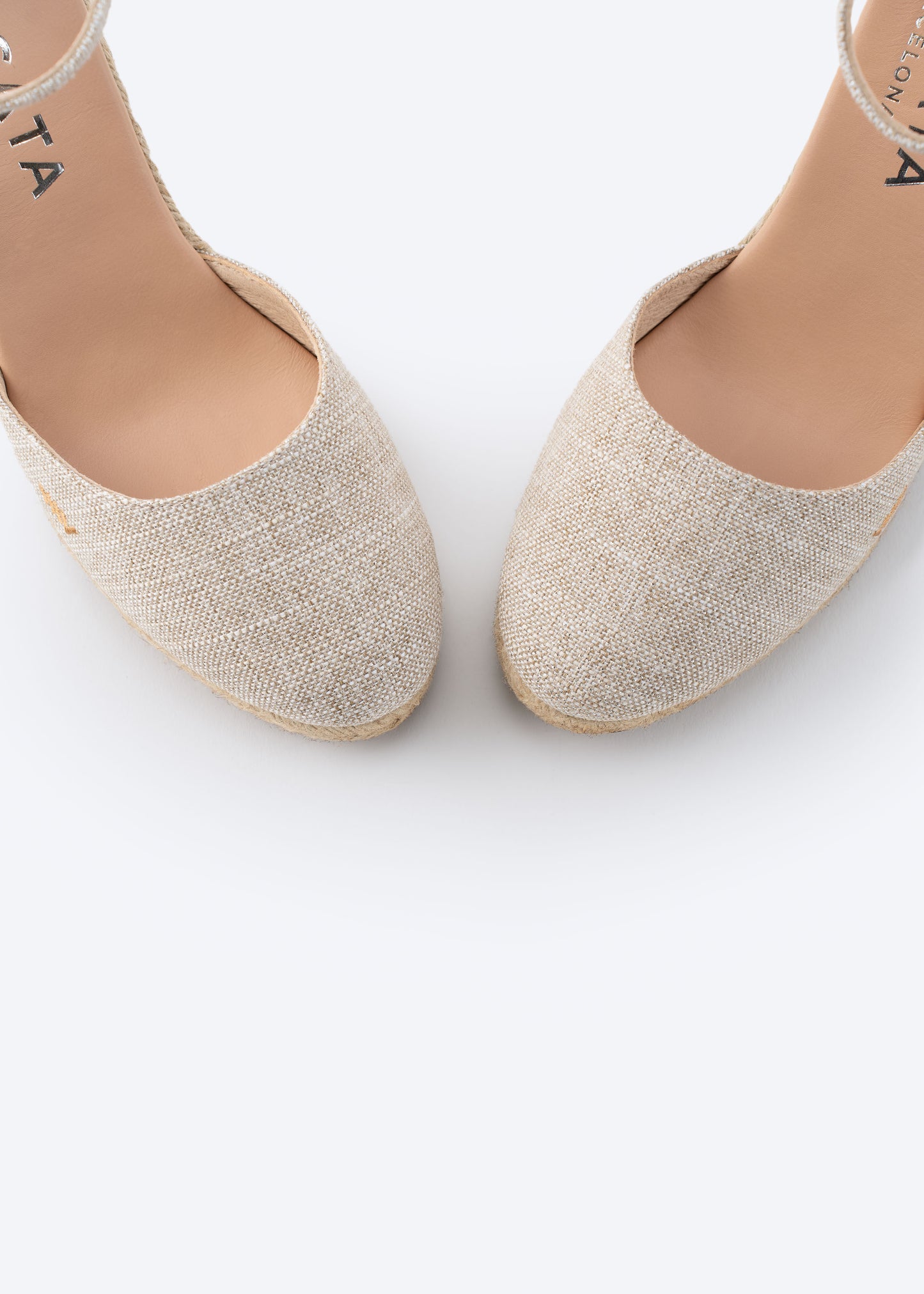 Estartit Limited Edition Silver Canvas Ankle Strap Women High Heel Espadrille Wedges Rounded Closed Toe Detail
