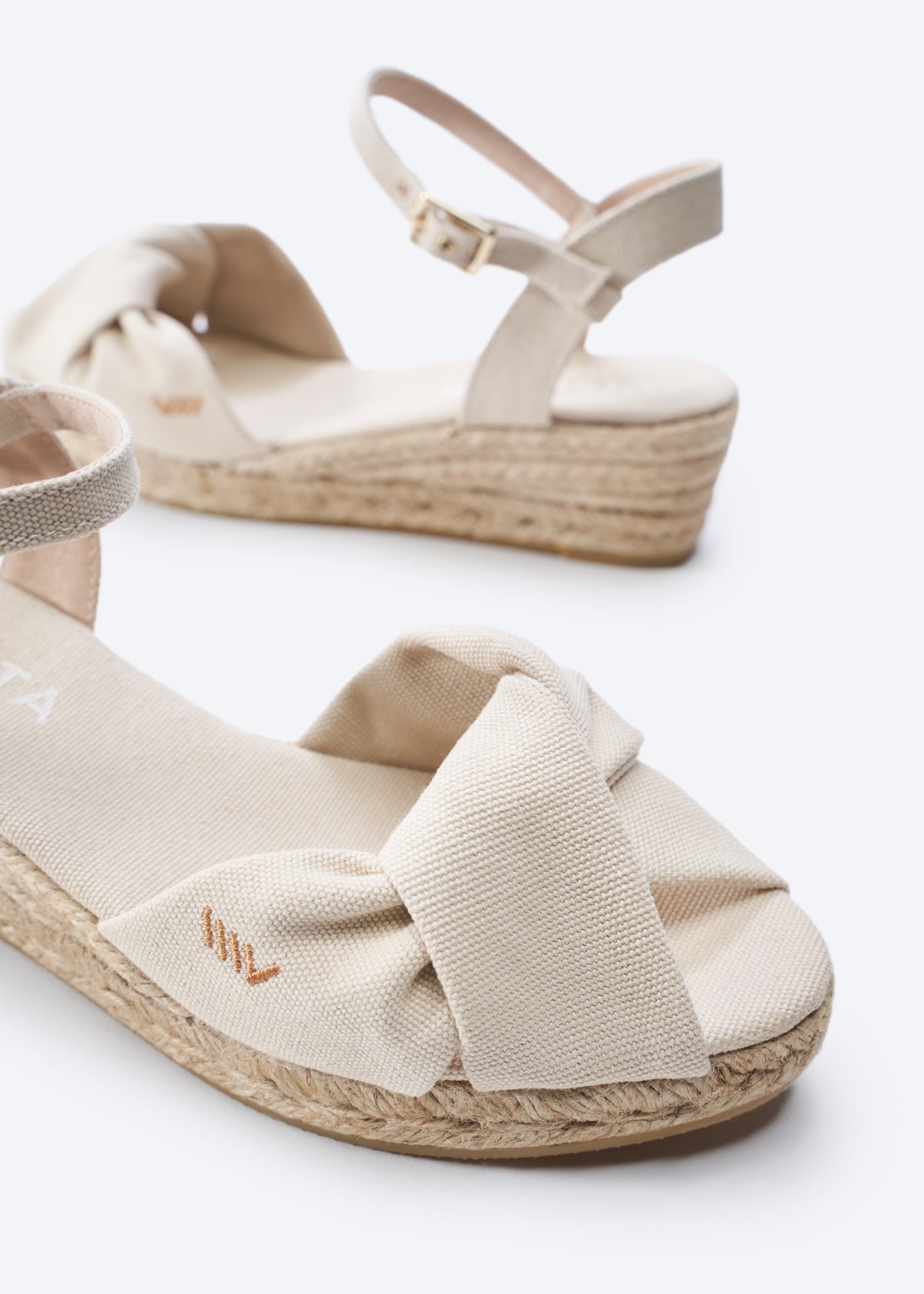 Farella Beige Canvas Ankle Strap Women Espadrille Wedges Knotted Open Toe Detail