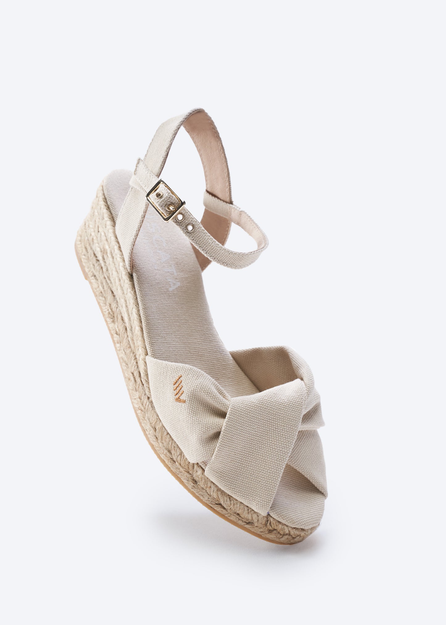Farella Beige Canvas Ankle Strap Women Knotted Open Toe Espadrille Low Wedge