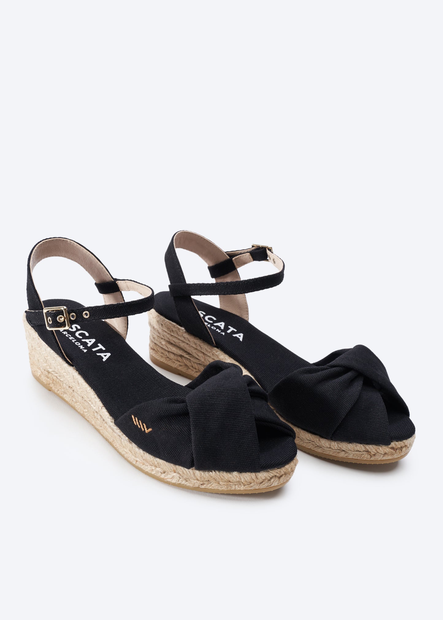 Farella Black Canvas Ankle Strap Women Knotted Open Toe Espadrille Low Wedges
