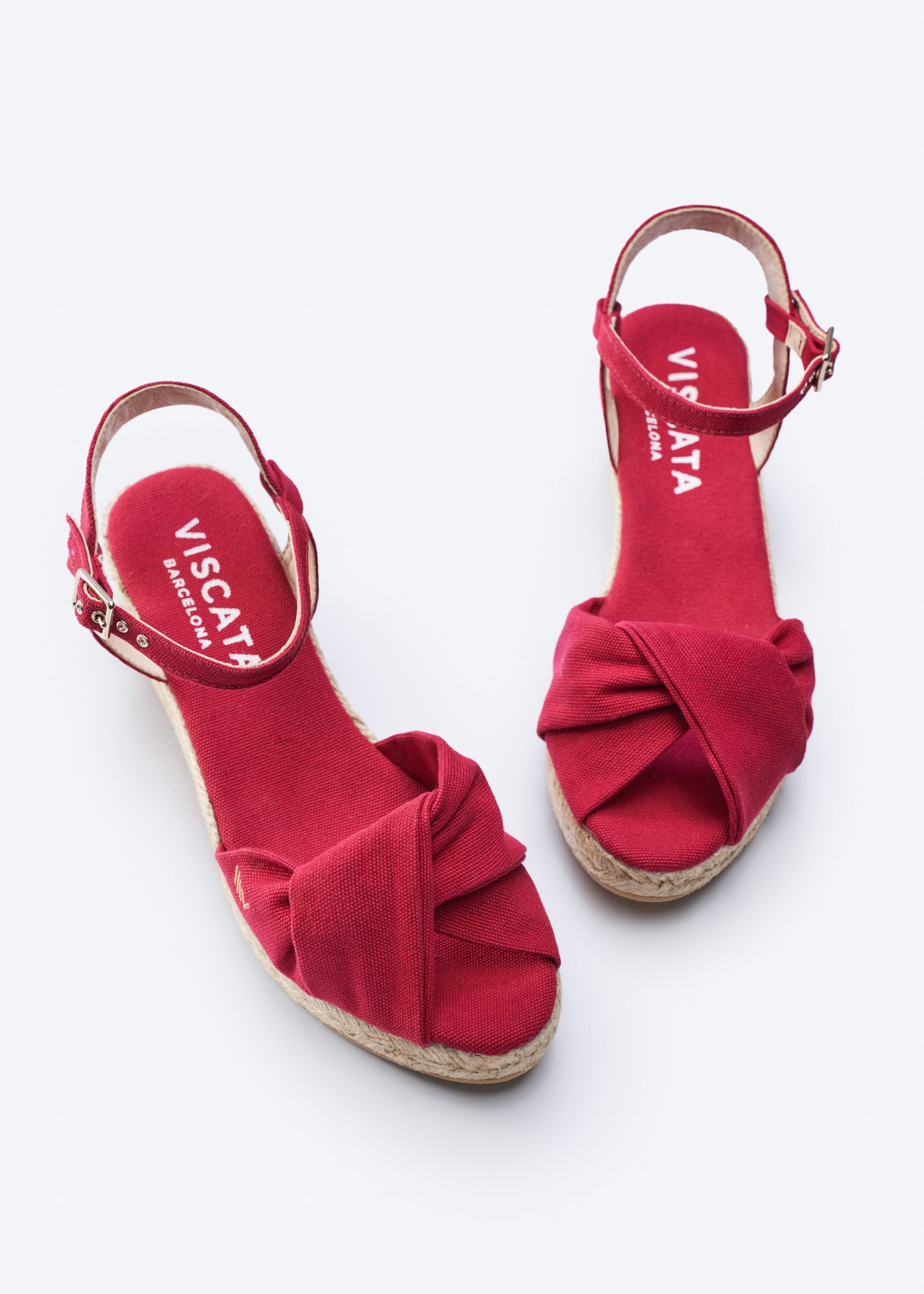 Farella Limited Edition Cherry Canvas Ankle Strap Woman Knotted Open Toe Espadrille Low Wedges