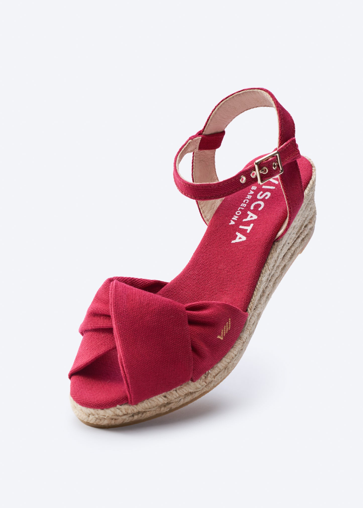 Farella Limited Edition Cherry Canvas Ankle Strap Woman Knotted Open Toe Espadrille Low Heel Wedge