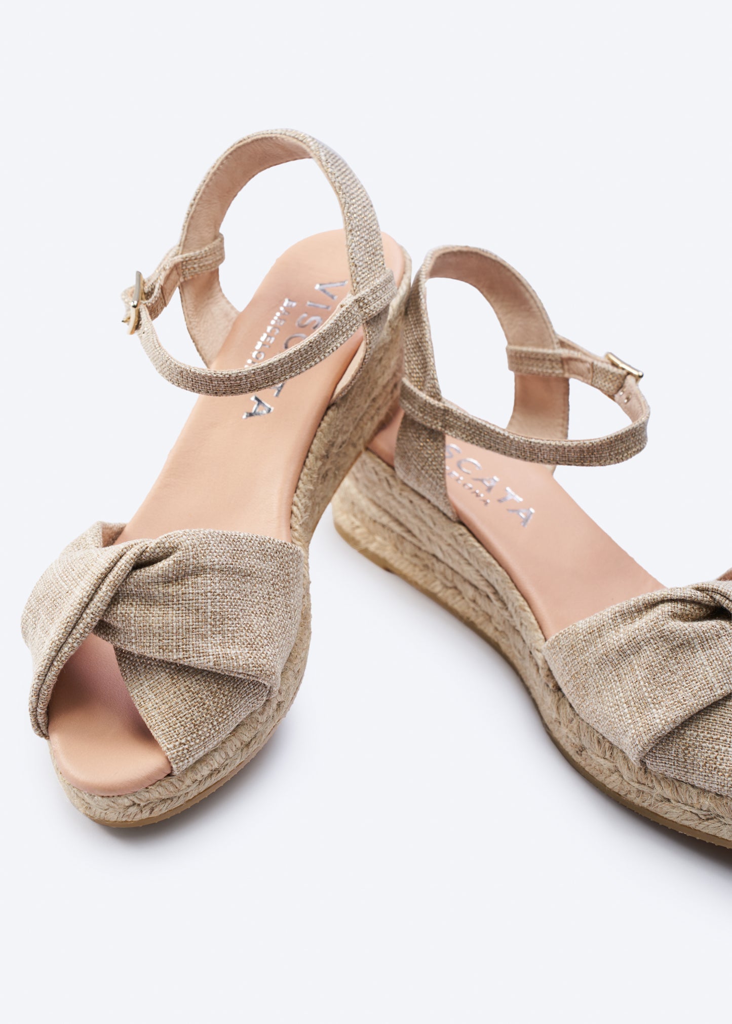Farella Limited Edition Gold Canvas Ankle Strap Woman Knotted Open Toe Espadrille Low Heel Wedges
