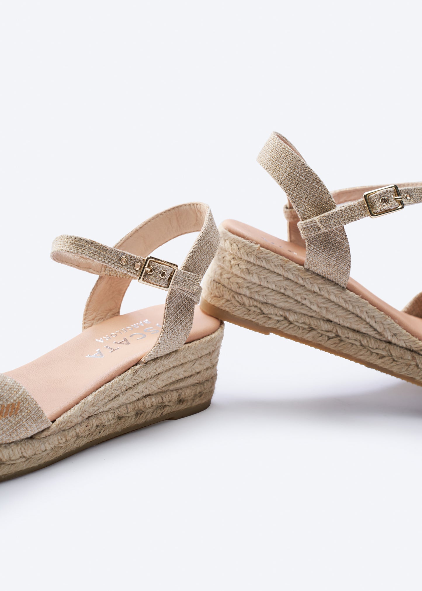 Farella Limited Edition Gold Canvas Woman Knotted Open Toe Espadrille Low Heel Wedges Ankle Strap Details