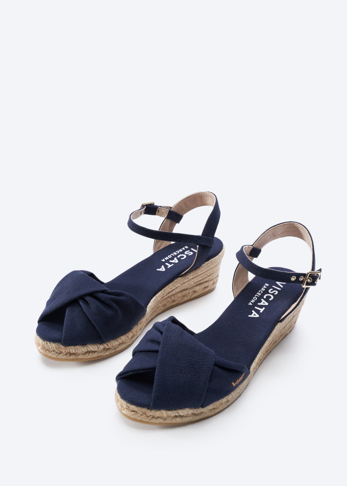 Farella Navy Blue Canvas Ankle Strap Women Open Toe Espadrille Wedges