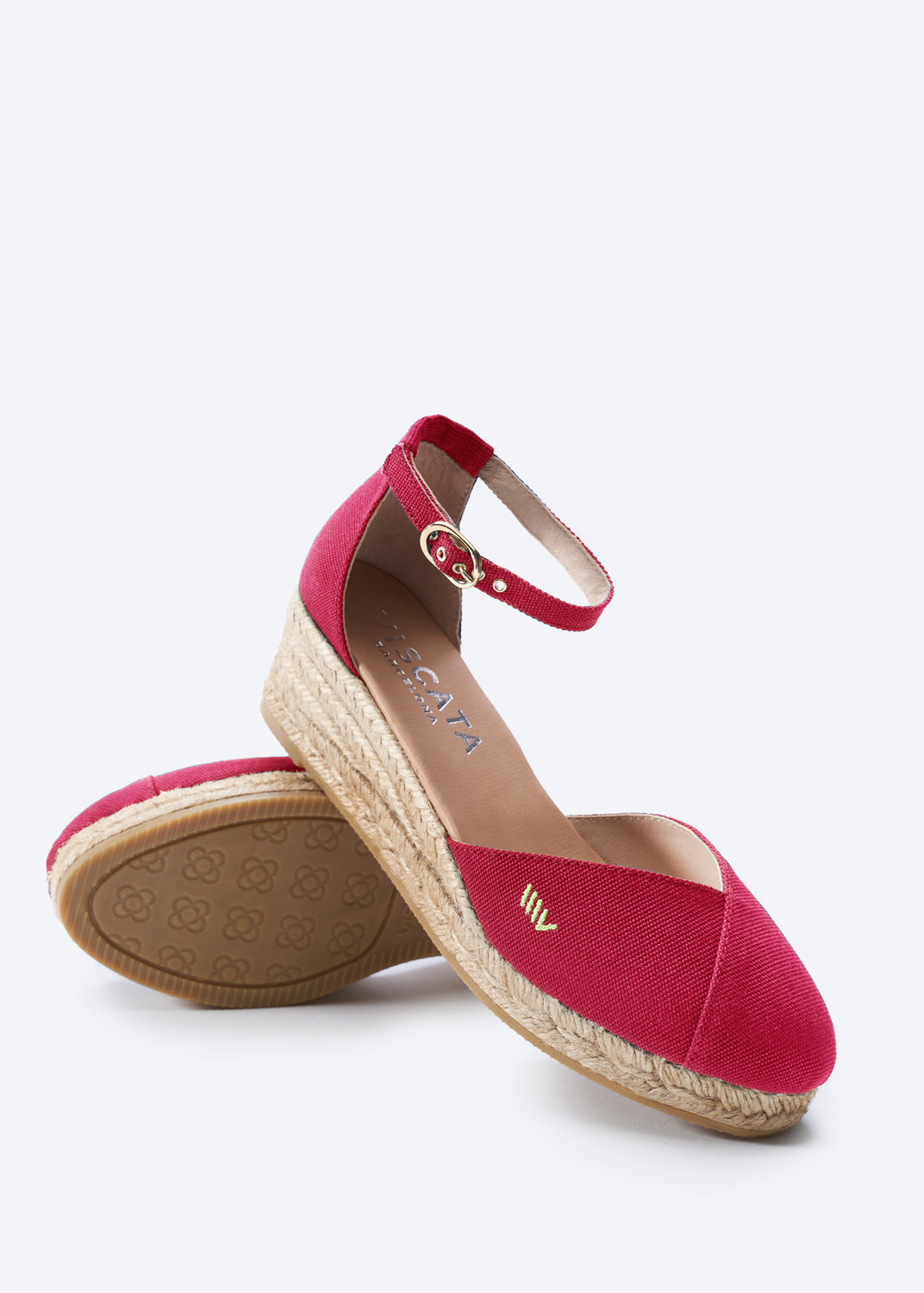 Formiga Limited Edition Cherry Canvas Ankle Strap Closed Toe Women Espadrille Low Wedges