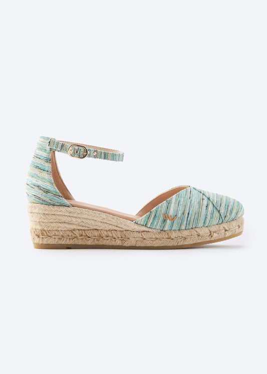 Formiga Limited Edition Multicolor Blue Canvas Ankle Strap Closed Toe Women Espadrille Low Wedge