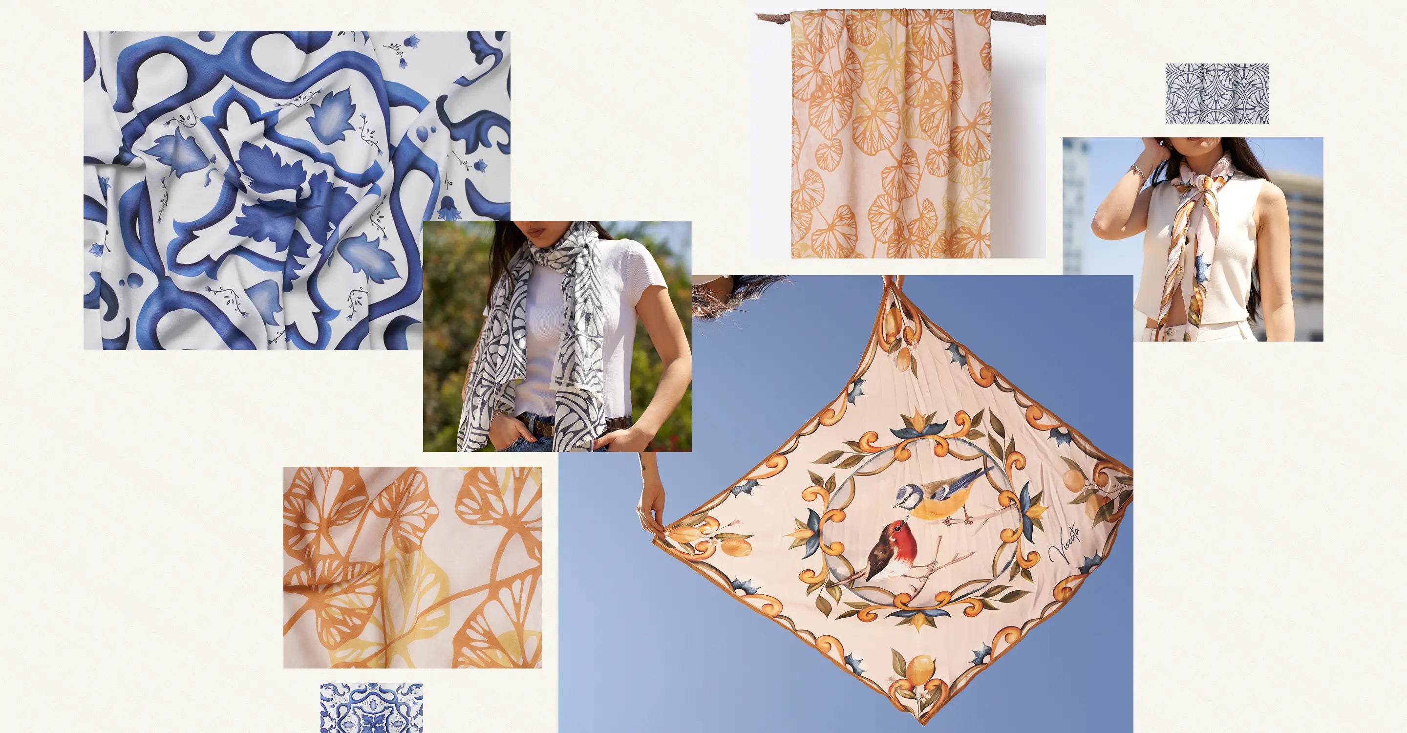 Elegant silk and cotton scarves for women featuring Mediterranean-inspired prints, including blue ceramic patterns, botanical designs, and hand-drawn birds — perfect for stylish neck or hair accessories