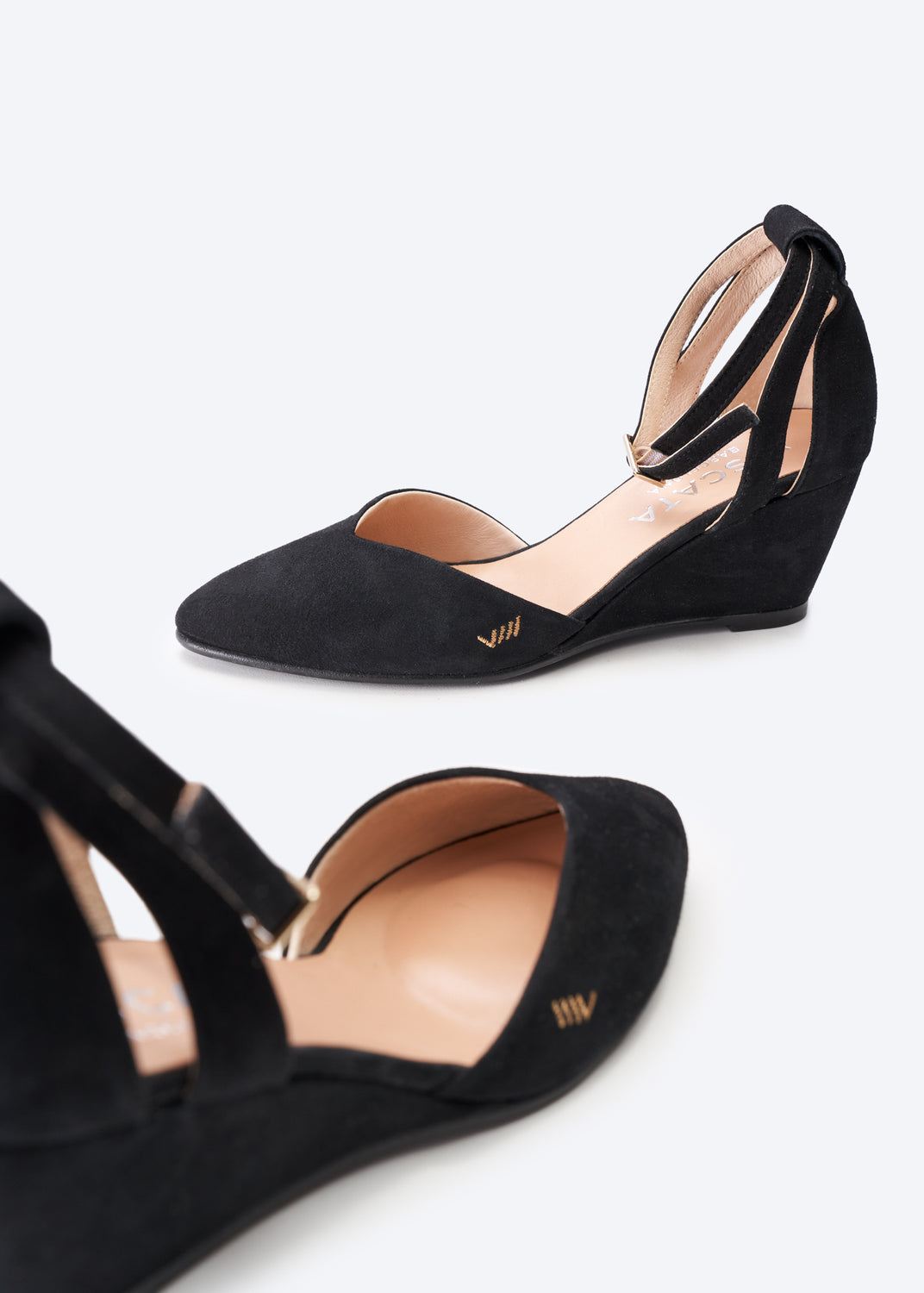 Garda Black Suede Ankle Strap Woman Wedge Closed Toe Shoes