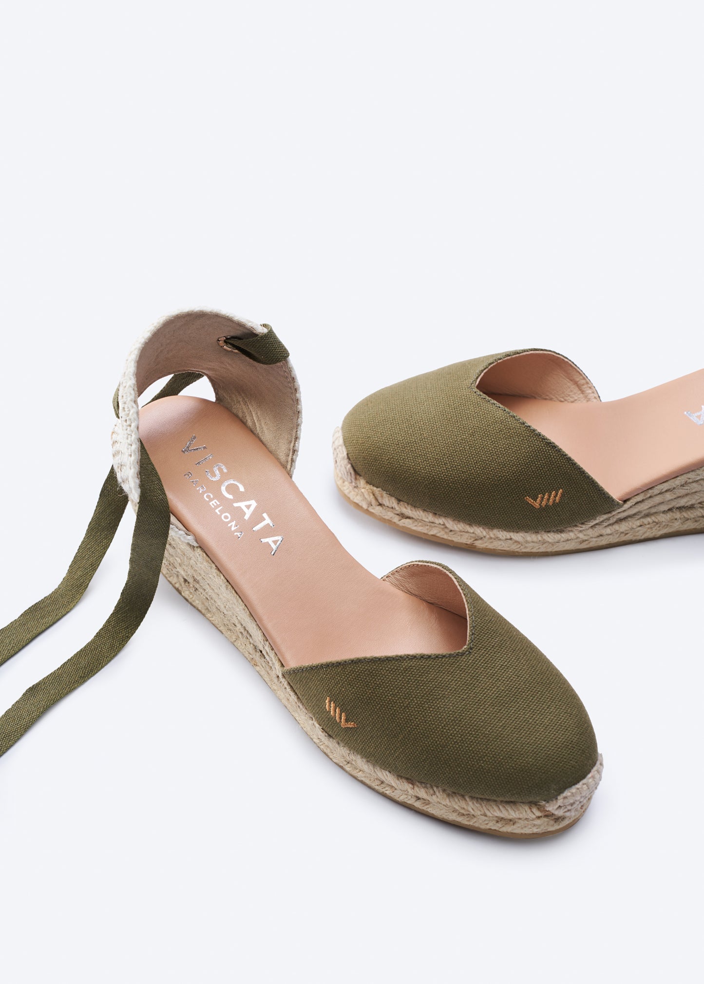 Gava Limited Edition Olive Canvas Lace Up Women Espadrille Wedges V Cut Closed Toe Detail