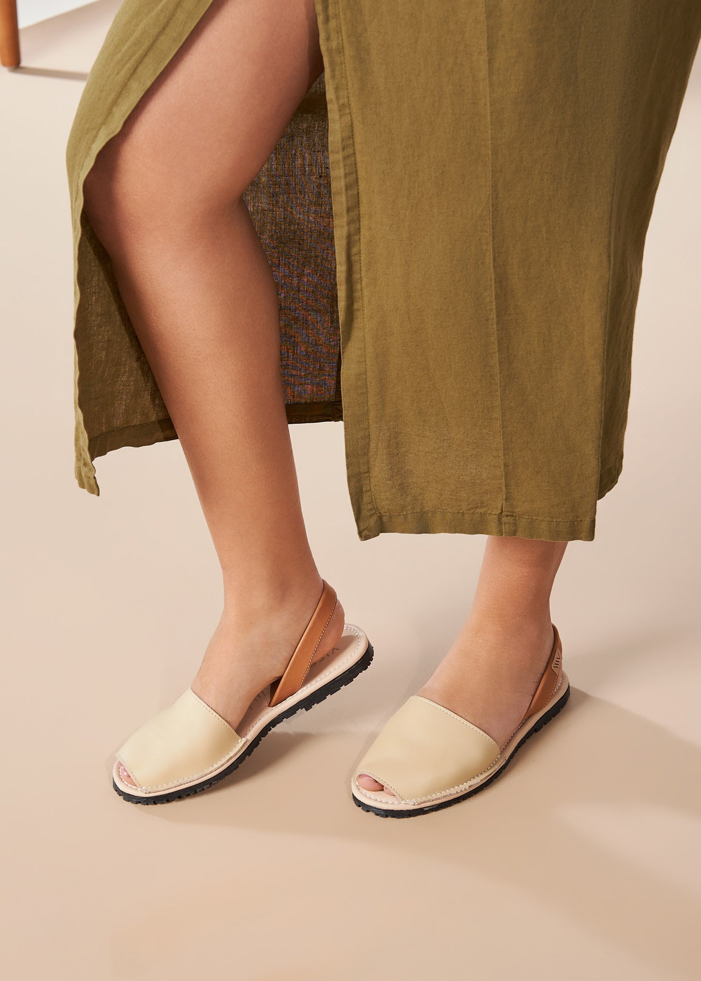 Menorquina Beige Leather Slip On Women Avarcas Legs