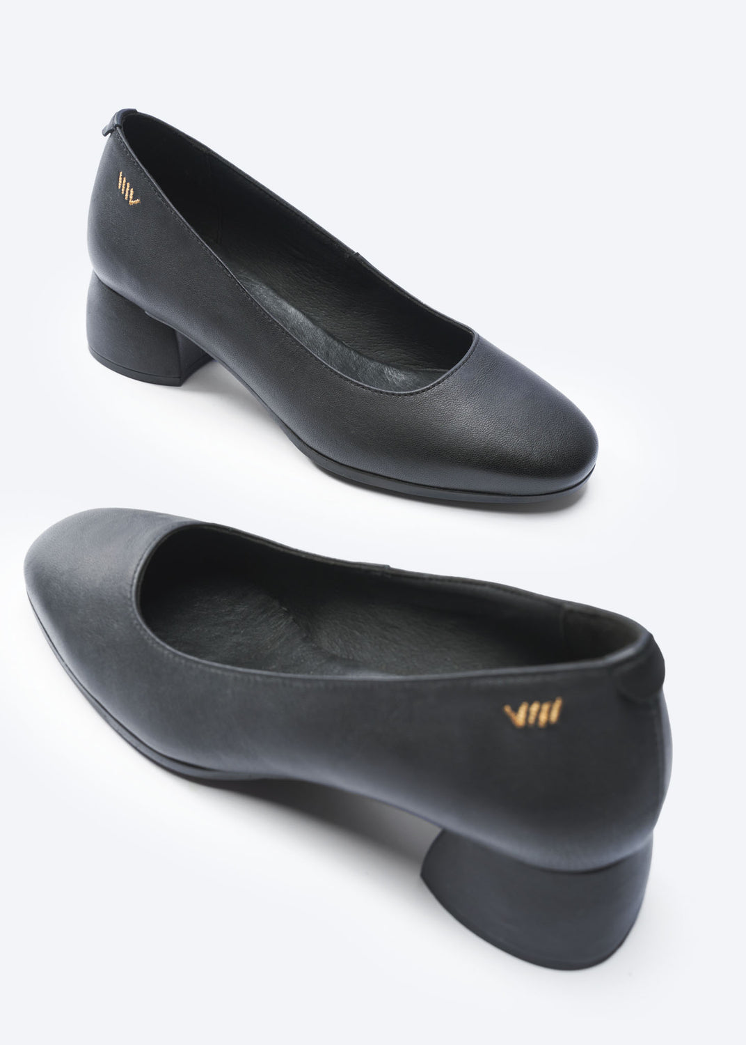 Milan Black Leather Slip On Women Low Block Heel Rounded Toe Shoes